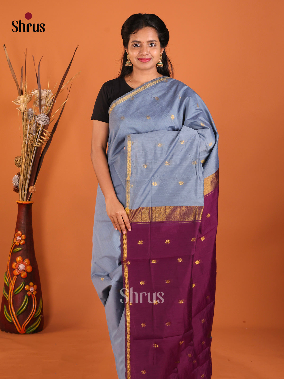 Grey & Purple - Semi Maheshwari Saree - Shop on Shrus.com