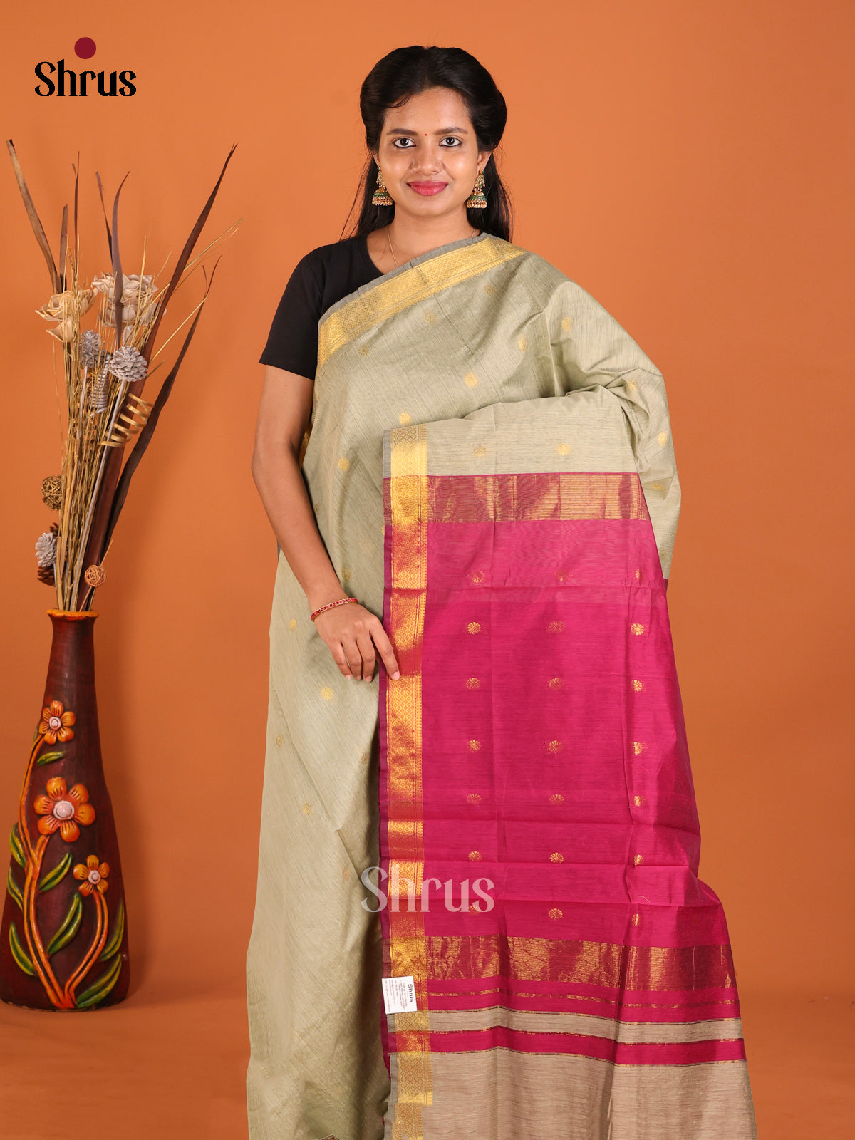 Grey & Maroon- Semi Maheshwari Saree - Shop on Shrus.com
