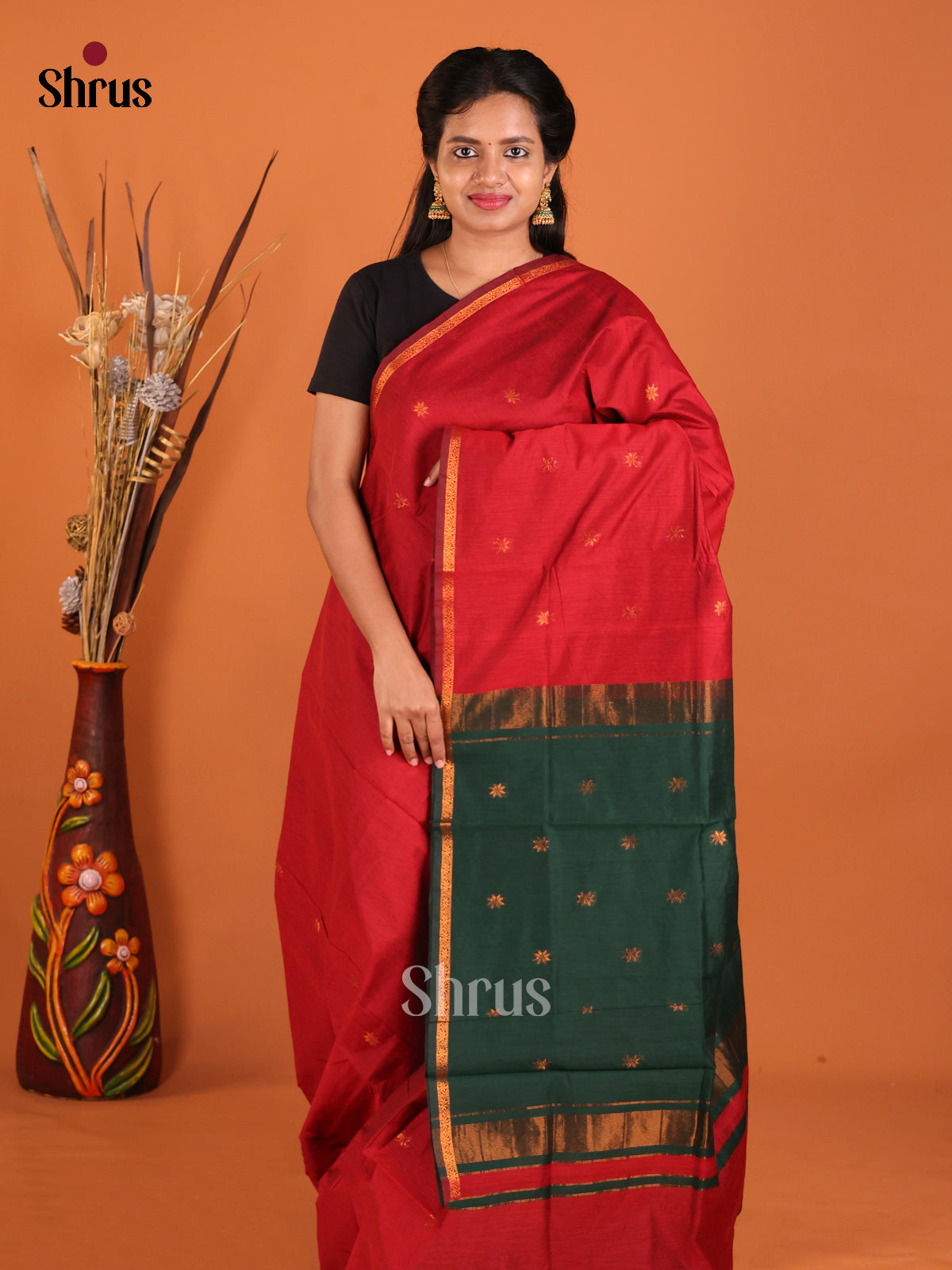 Red & Green - Semi Maheshwari Saree - Shop on Shrus.com