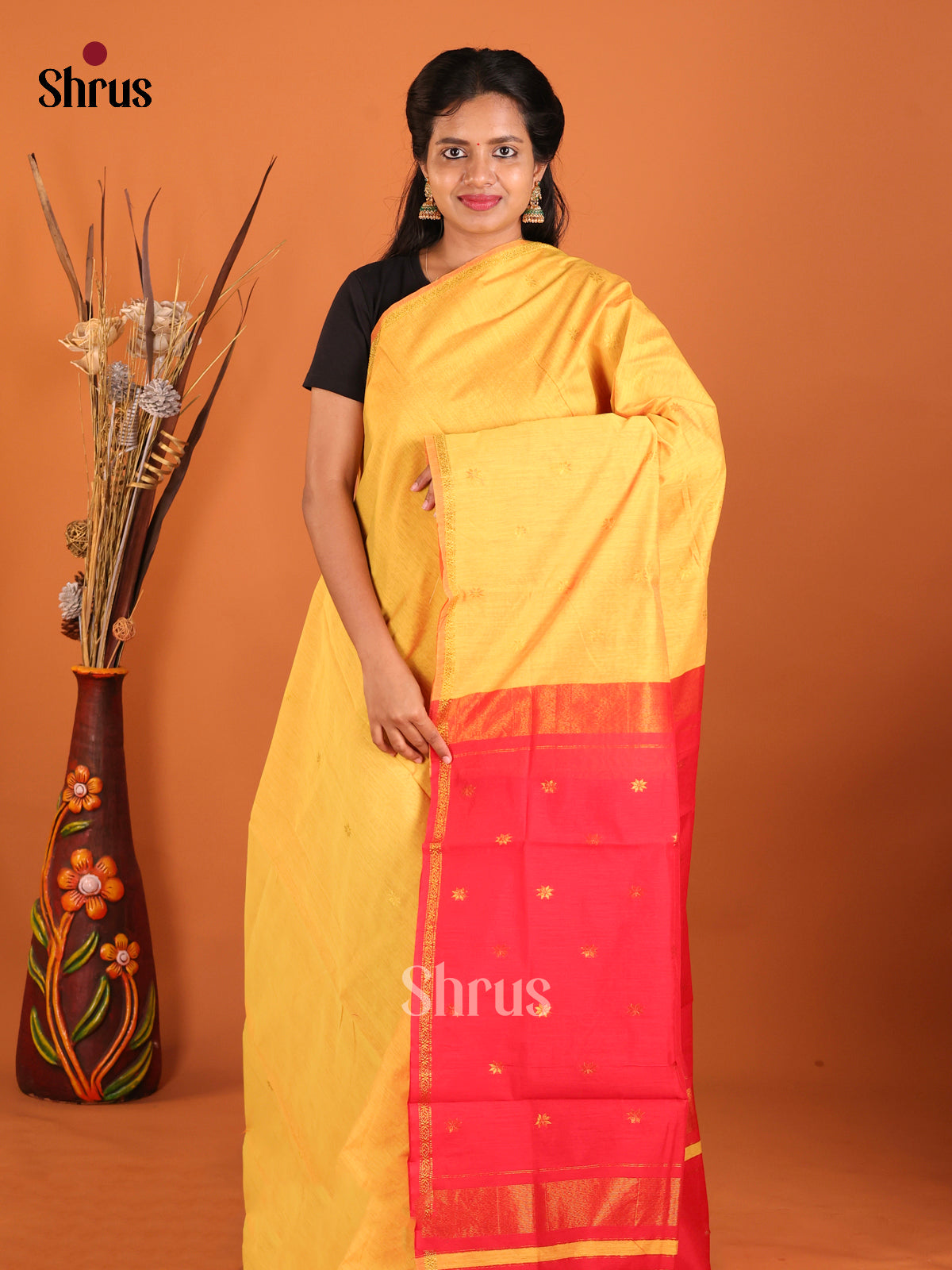 Yellow & Red- Semi Maheshwari Saree