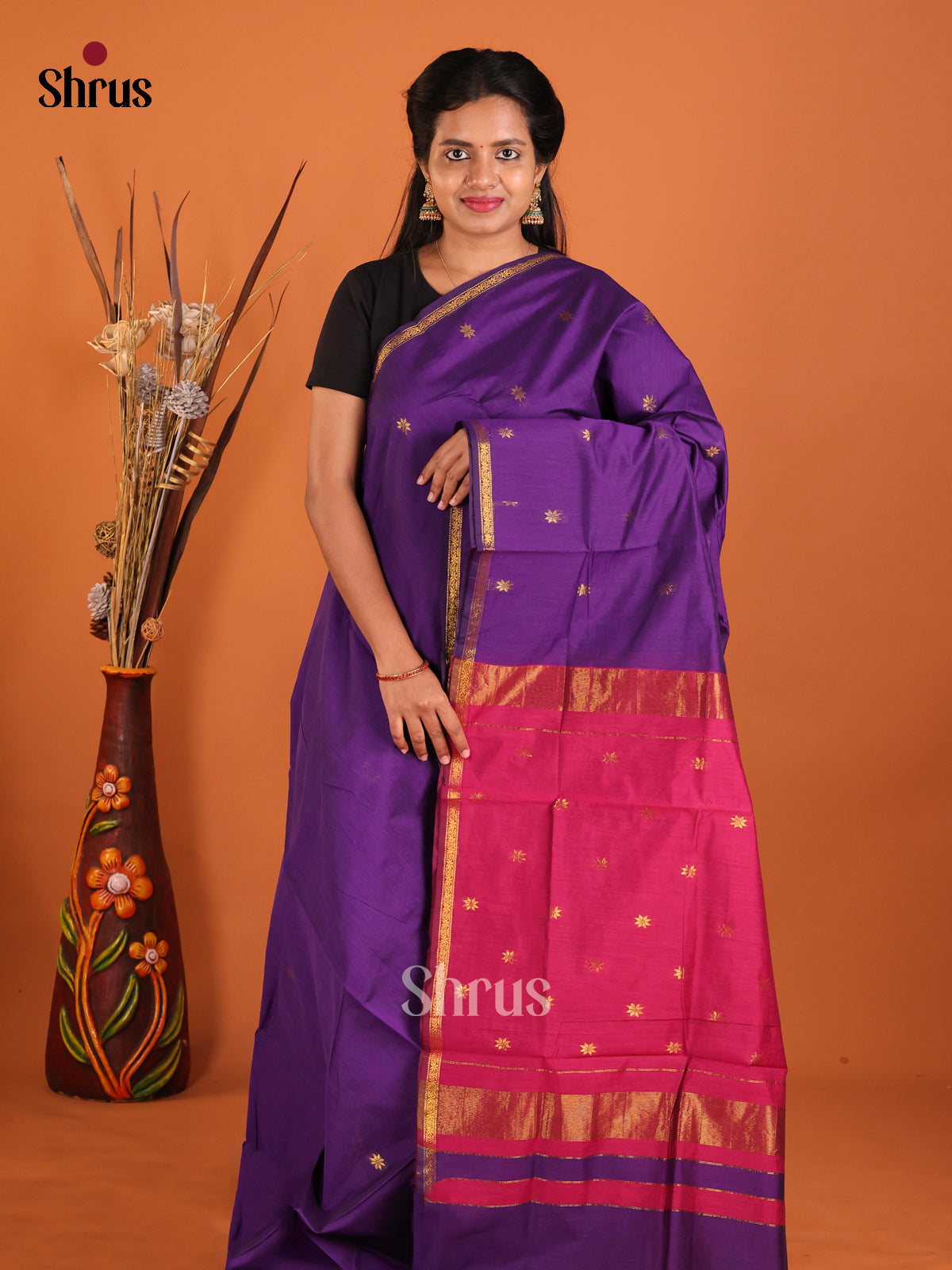 Violet & Purple- Semi Maheshwari Saree - Shop on Shrus.com