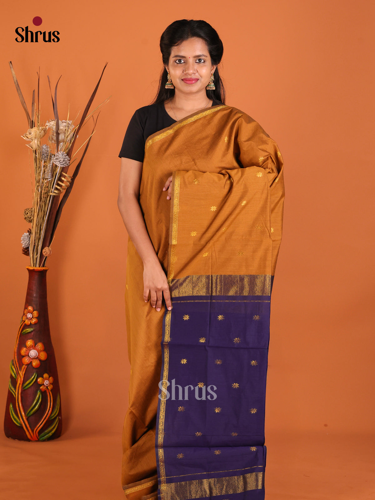 Mustard & Blue- Semi Maheshwari Saree - Shop on Shrus.com
