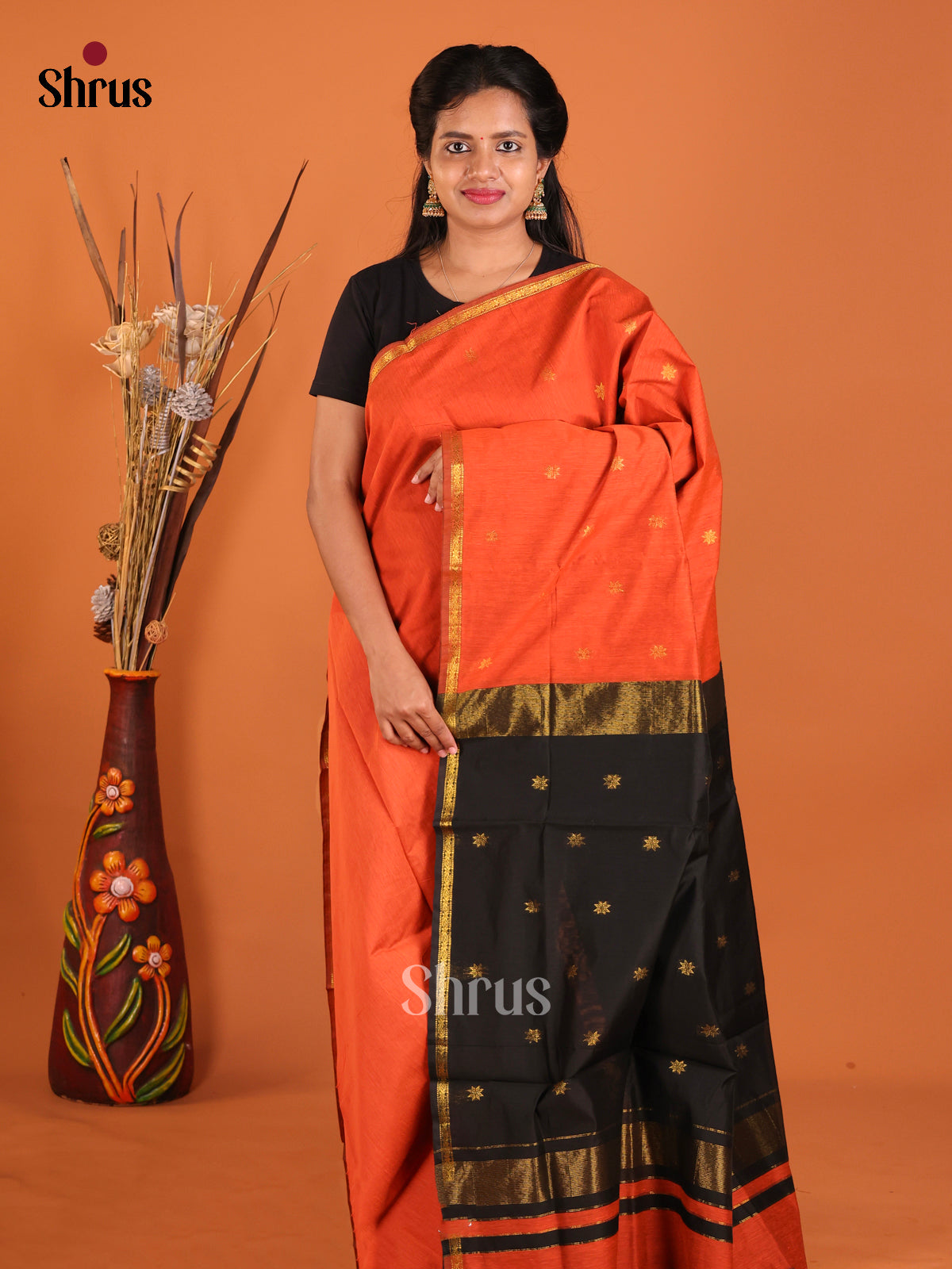 Orange & Black - Semi Maheshwari Saree - Shop on Shrus.com