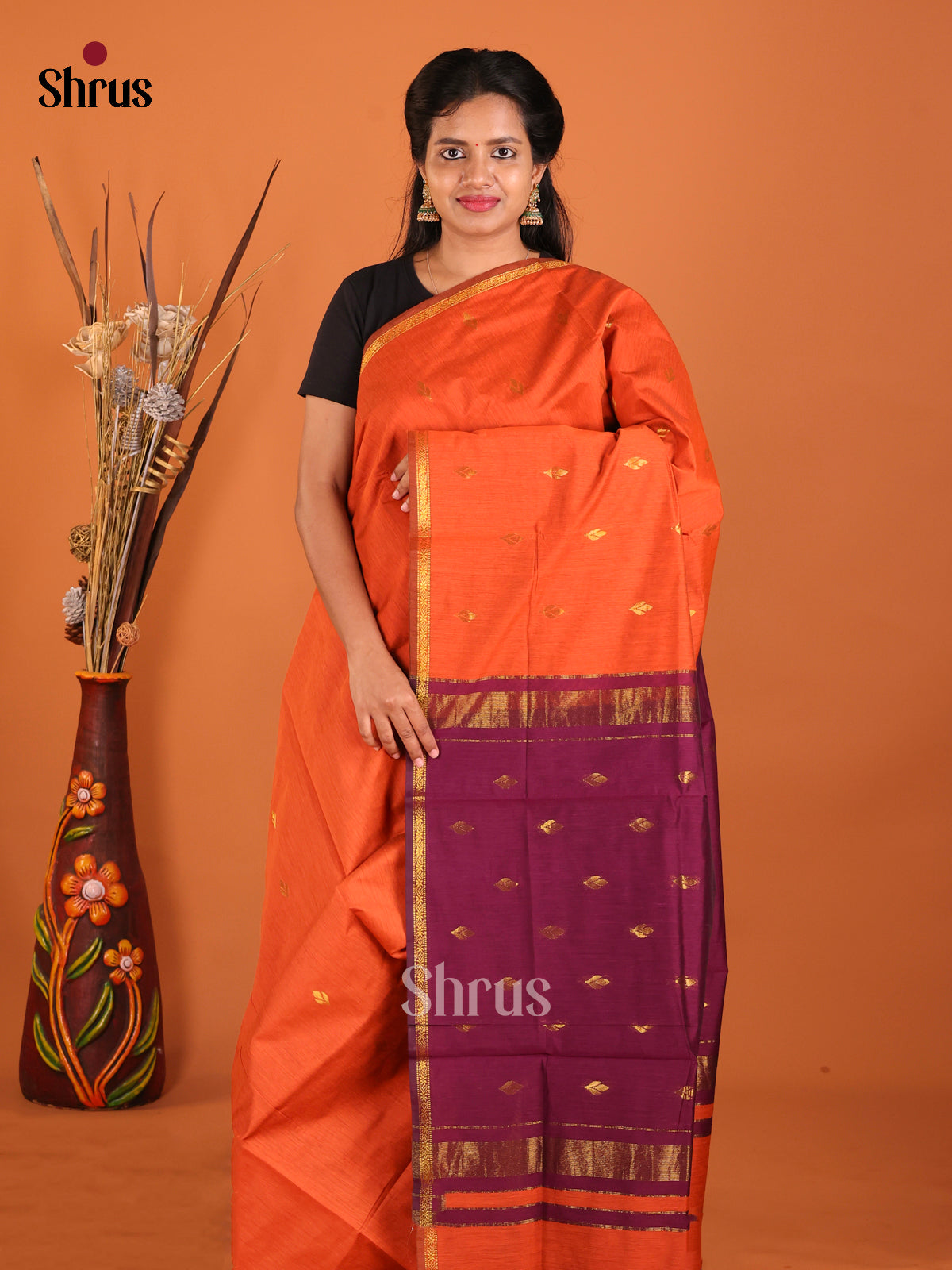 Orange & Maroon - Semi Maheshwari Saree - Shop on Shrus.com