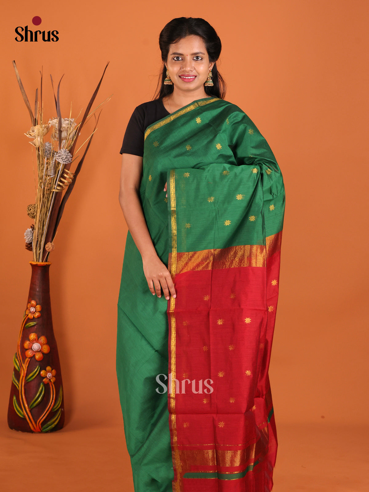 Green & Red - Semi Maheshwari Saree - Shop on Shrus.com