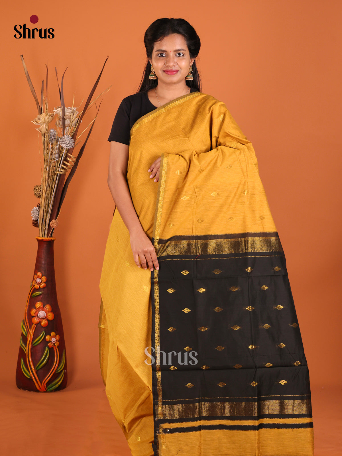 Mustard & Black - Semi Maheshwari Saree - Shop on Shrus.com