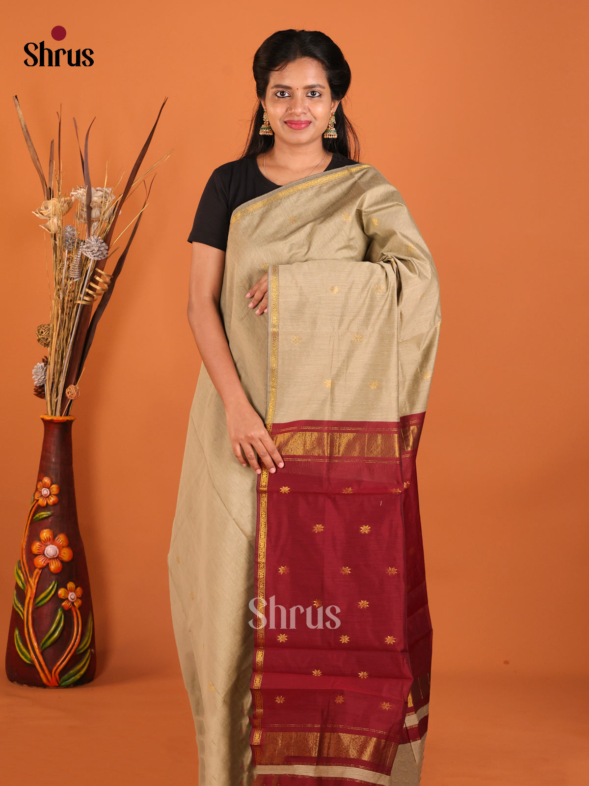Grey & Maroon - Semi Maheshwari Saree - Shop on Shrus.com