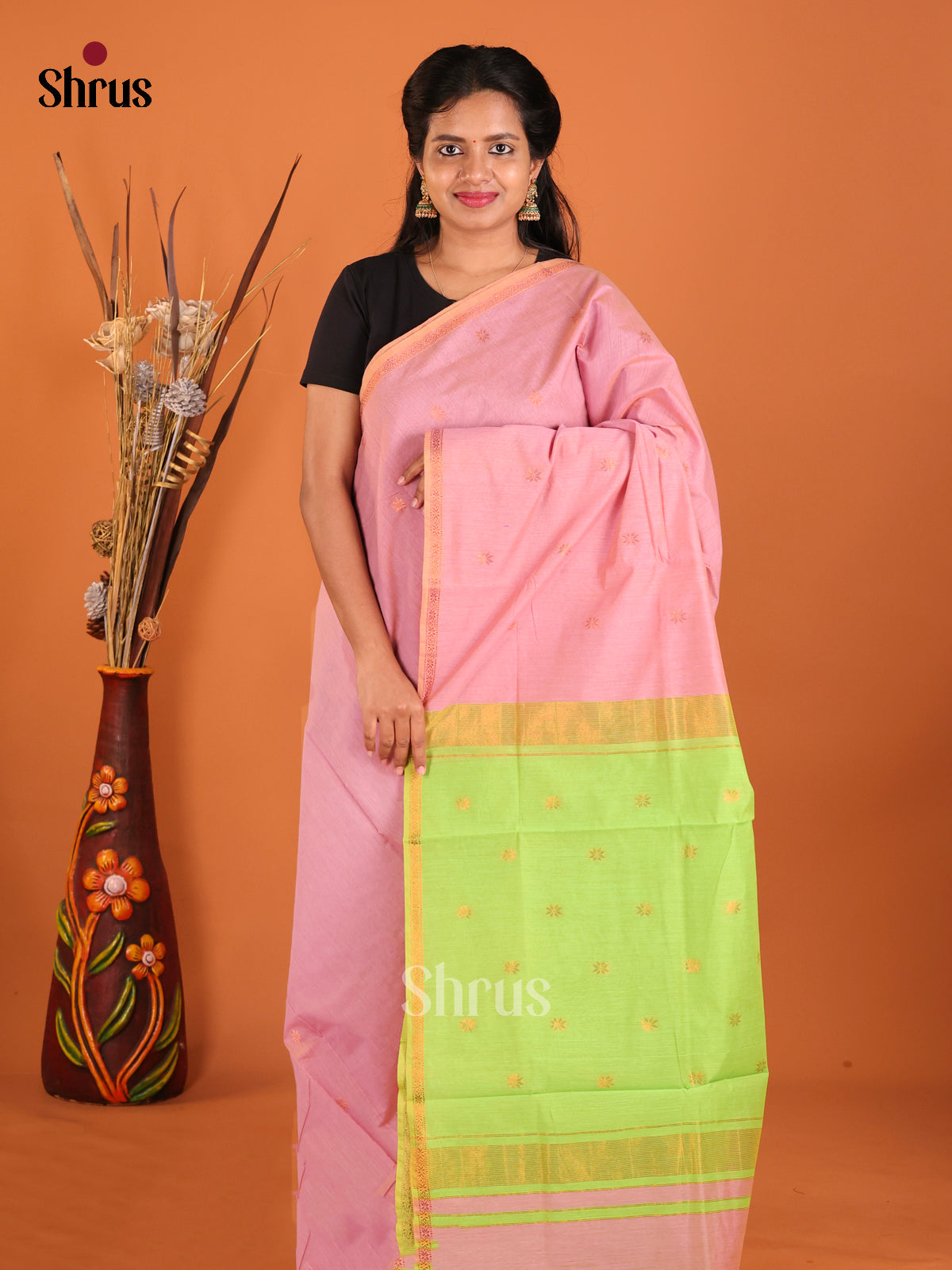 Pink & Green - Semi Maheshwari Saree - Shop on Shrus.com