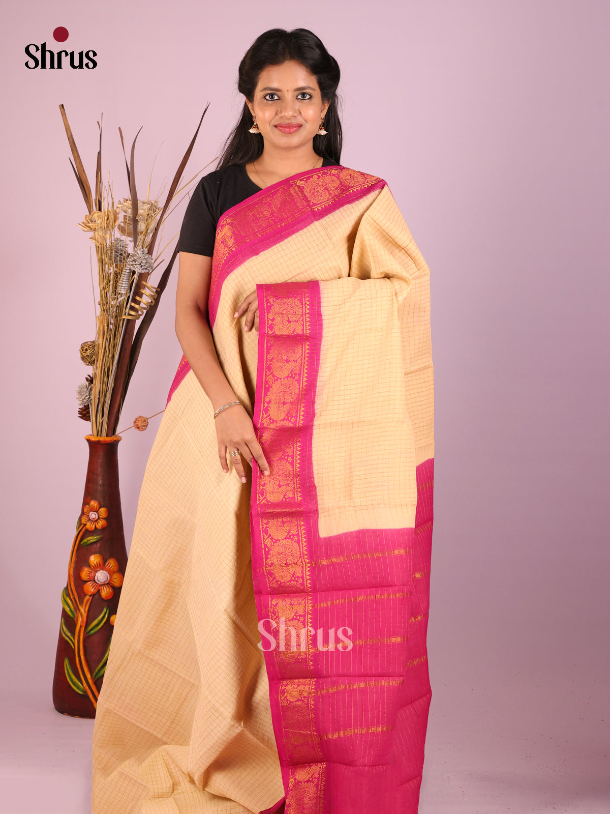 Cream & Pink - Sungudi Cotton Saree