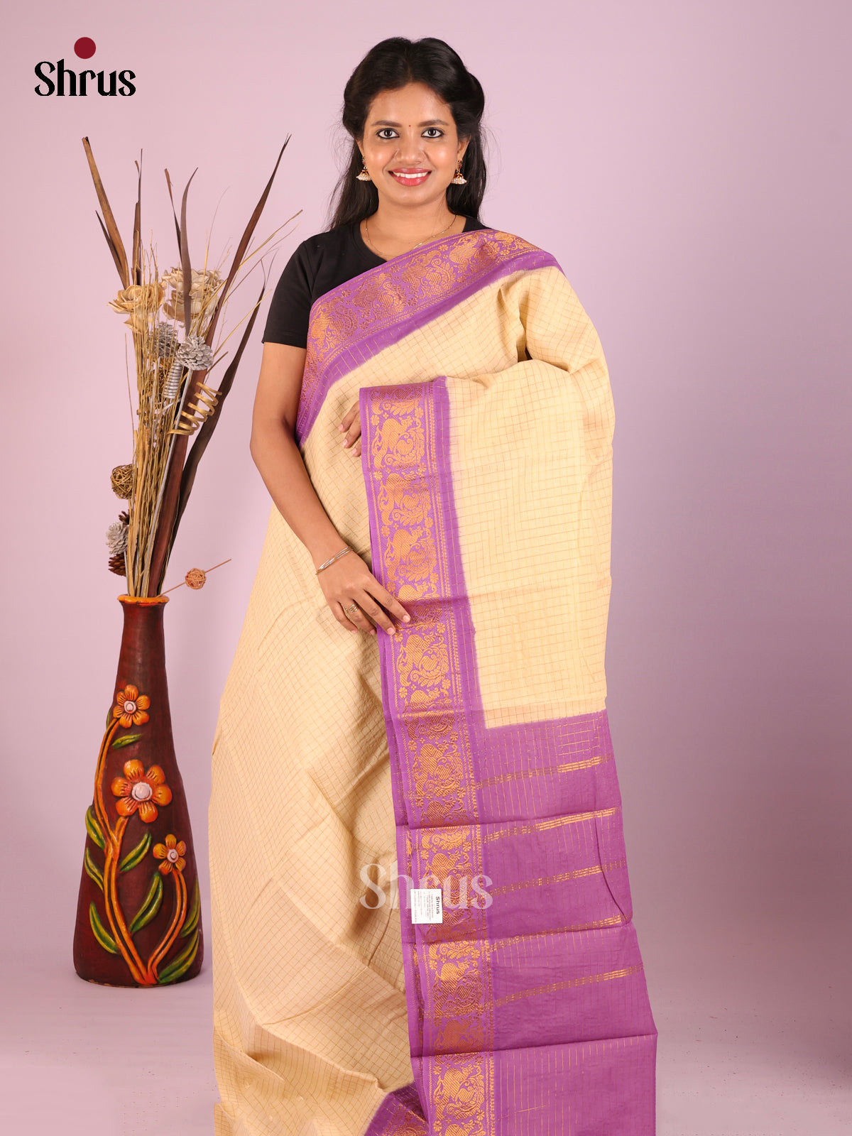 Cream & Lavender - Sungudi Cotton Saree