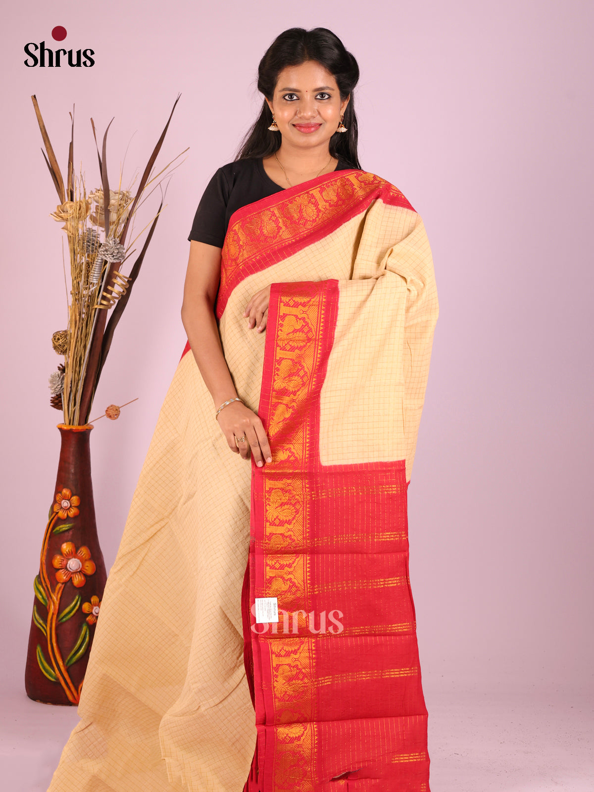 Cream & Red - Sungudi Cotton Saree