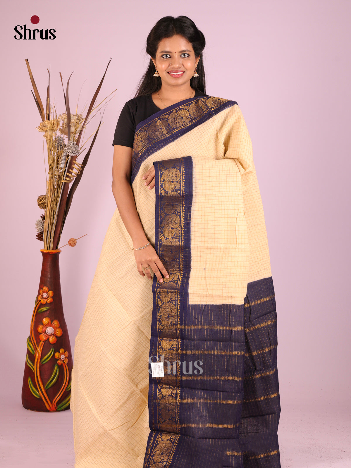 Cream & Blue- Sungudi Cotton Saree