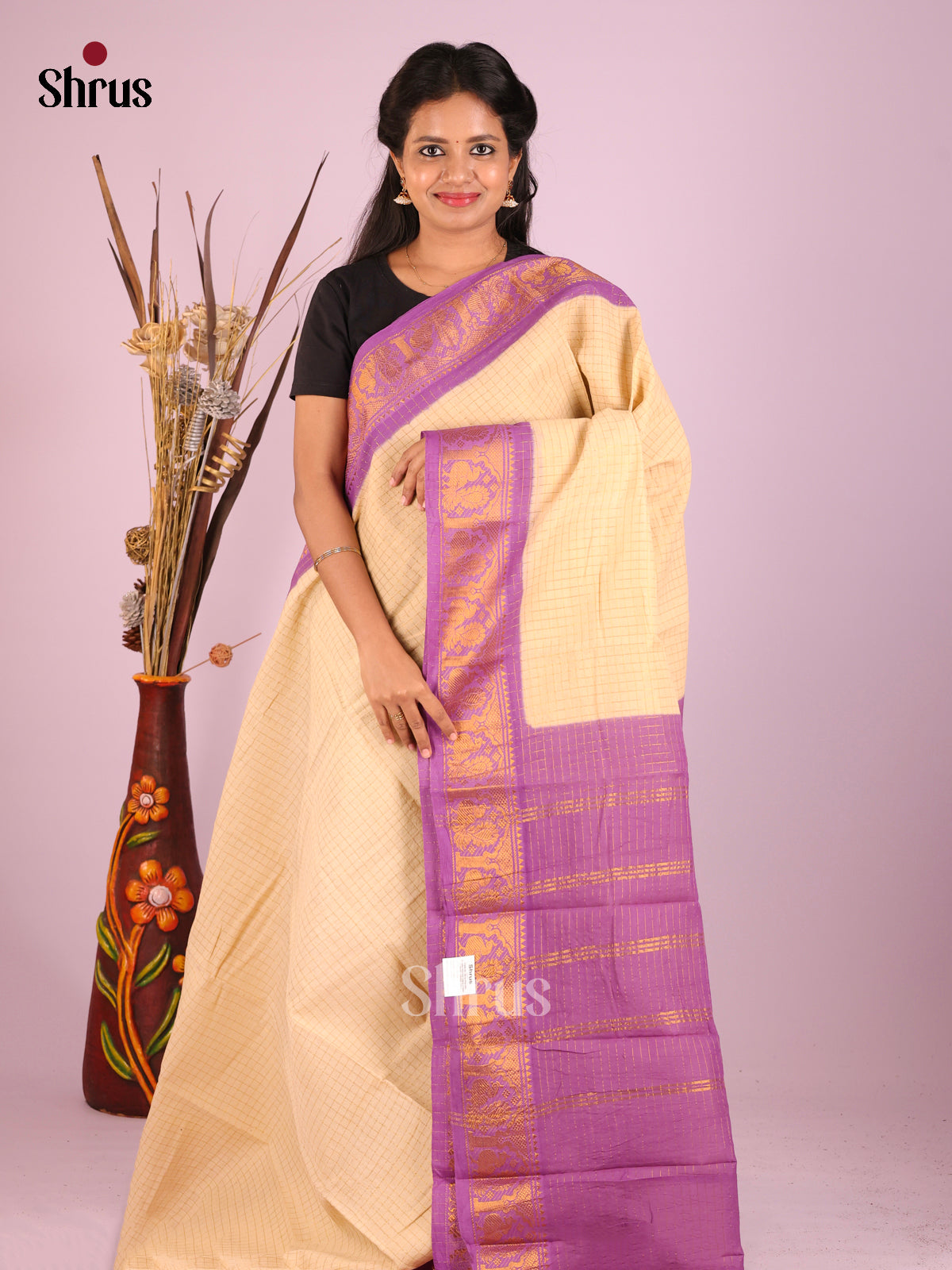 Cream & Lavender- Sungudi Cotton Saree
