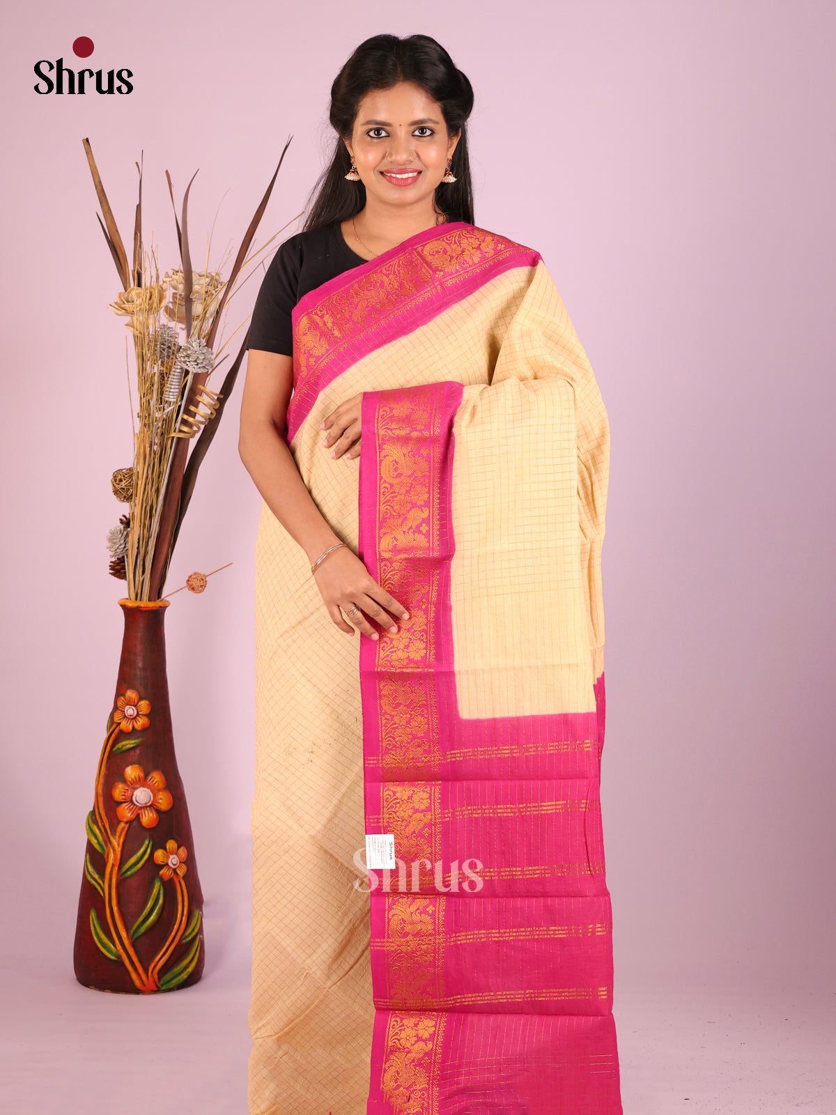Cream & Pink - Sungudi Cotton Saree