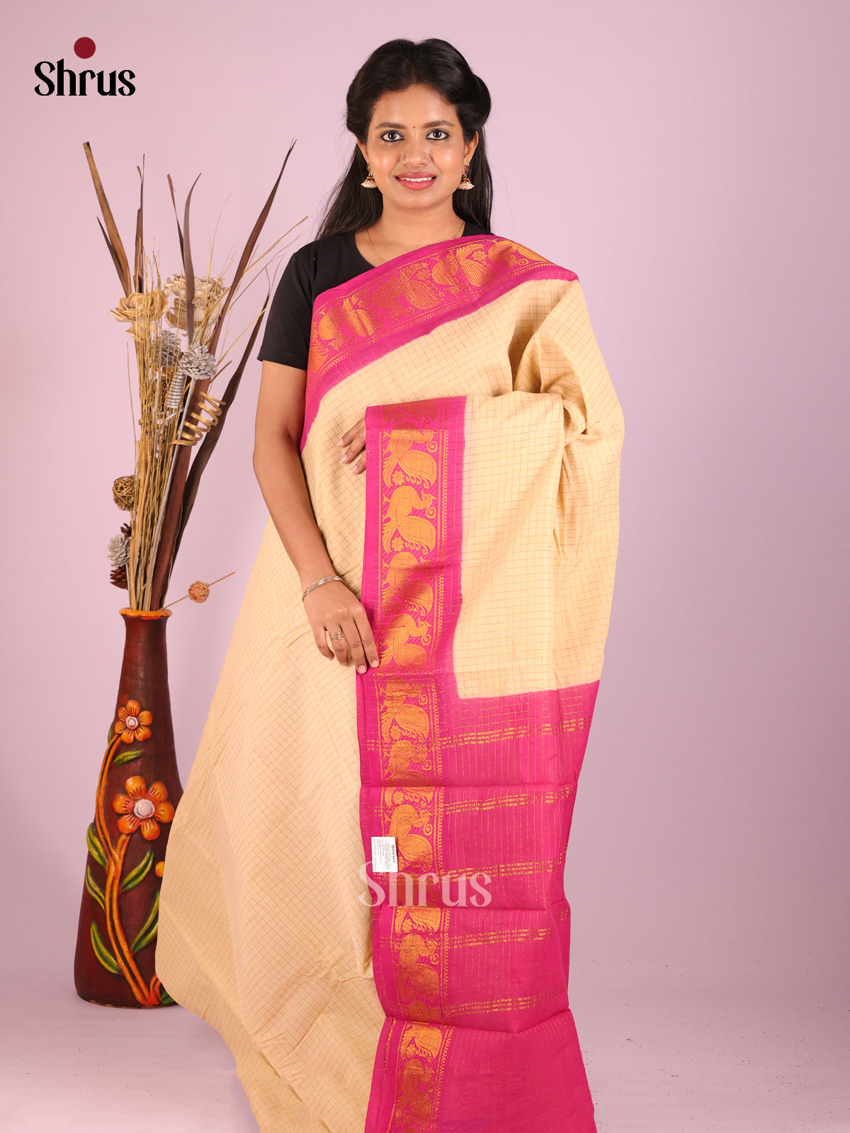 Cream & Pink - Sungudi Cotton Saree