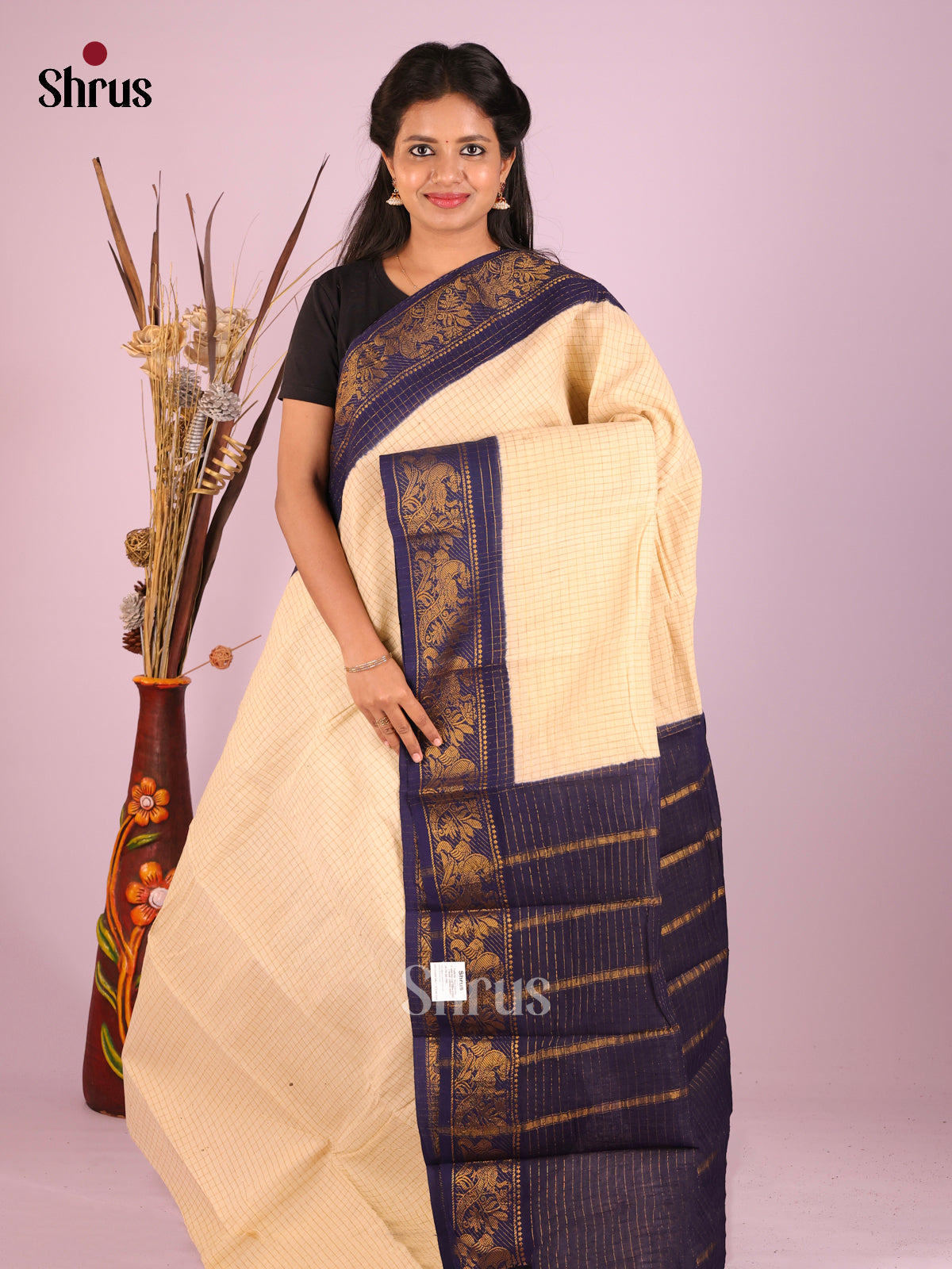 Cream & Blue- Sungudi Cotton Saree