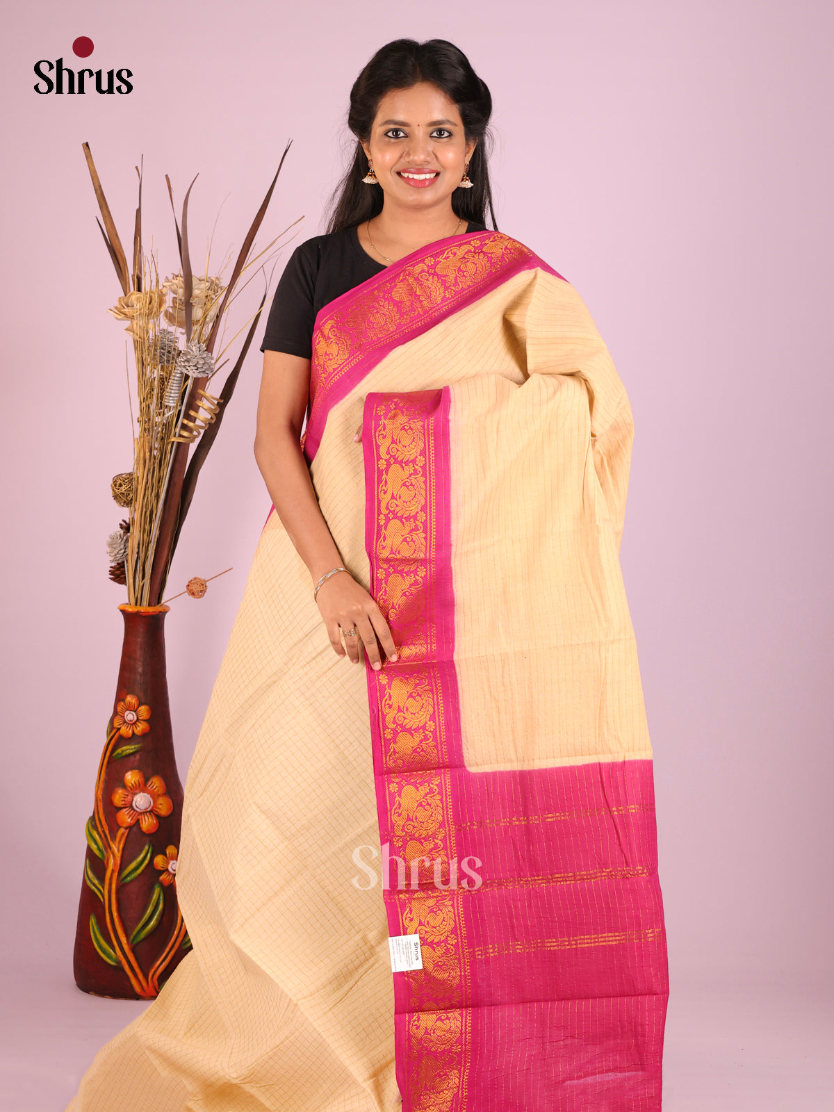 Cream & Pink - Sungudi Cotton Saree