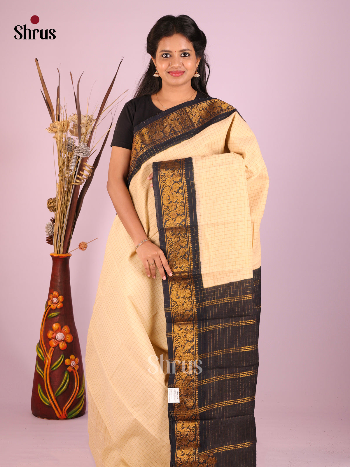 Cream & Black - Sungudi Cotton Saree