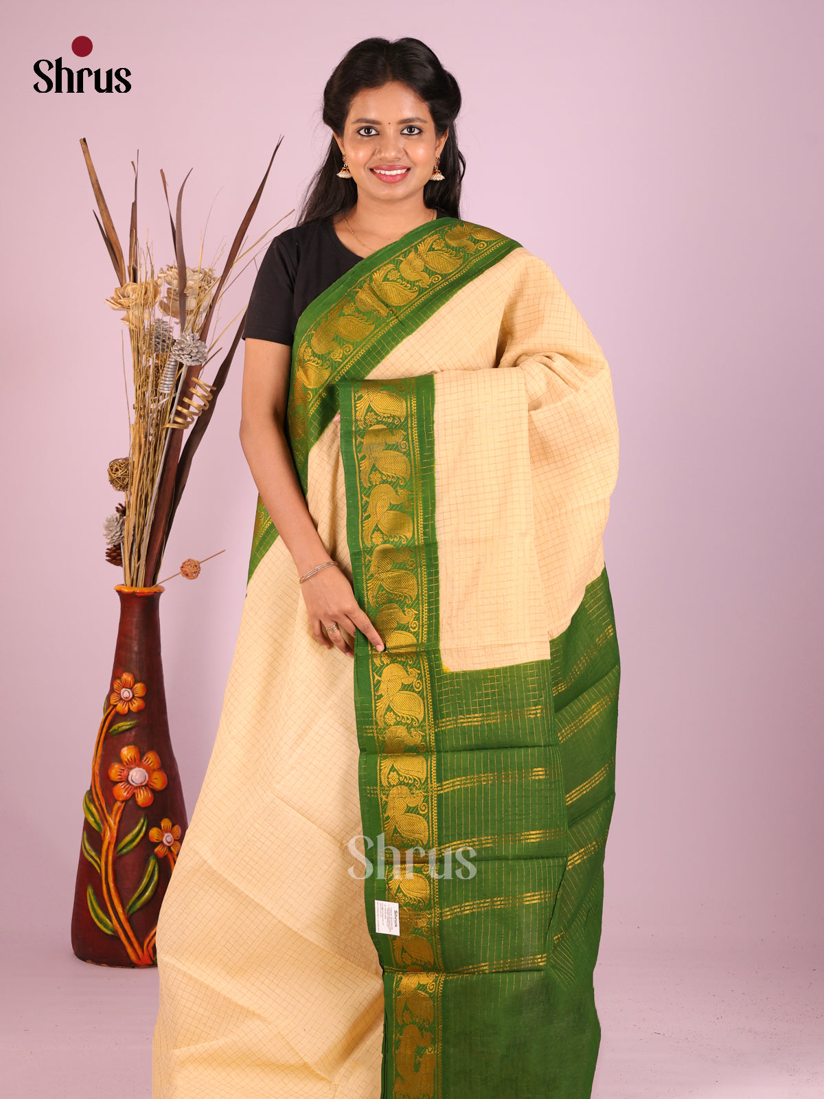 Cream & Green - Sungudi Cotton Saree