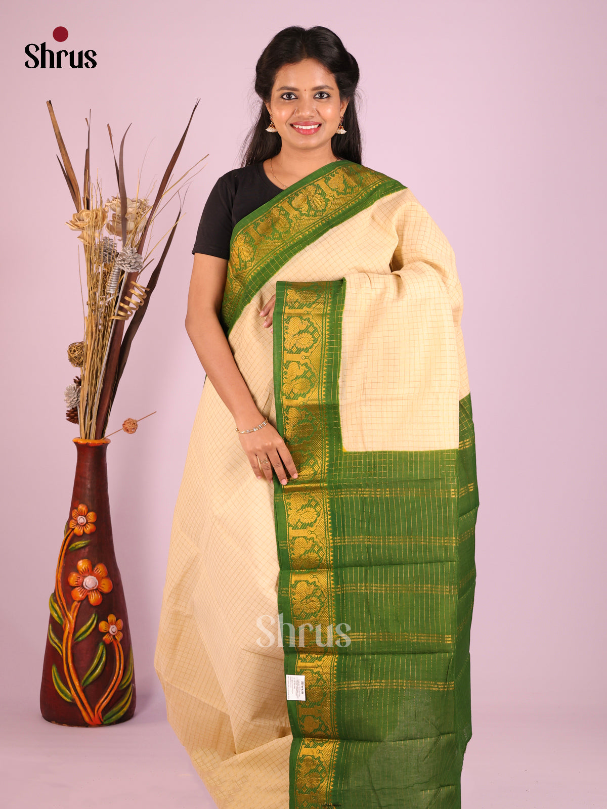 Cream & Green - Sungudi Cotton Saree