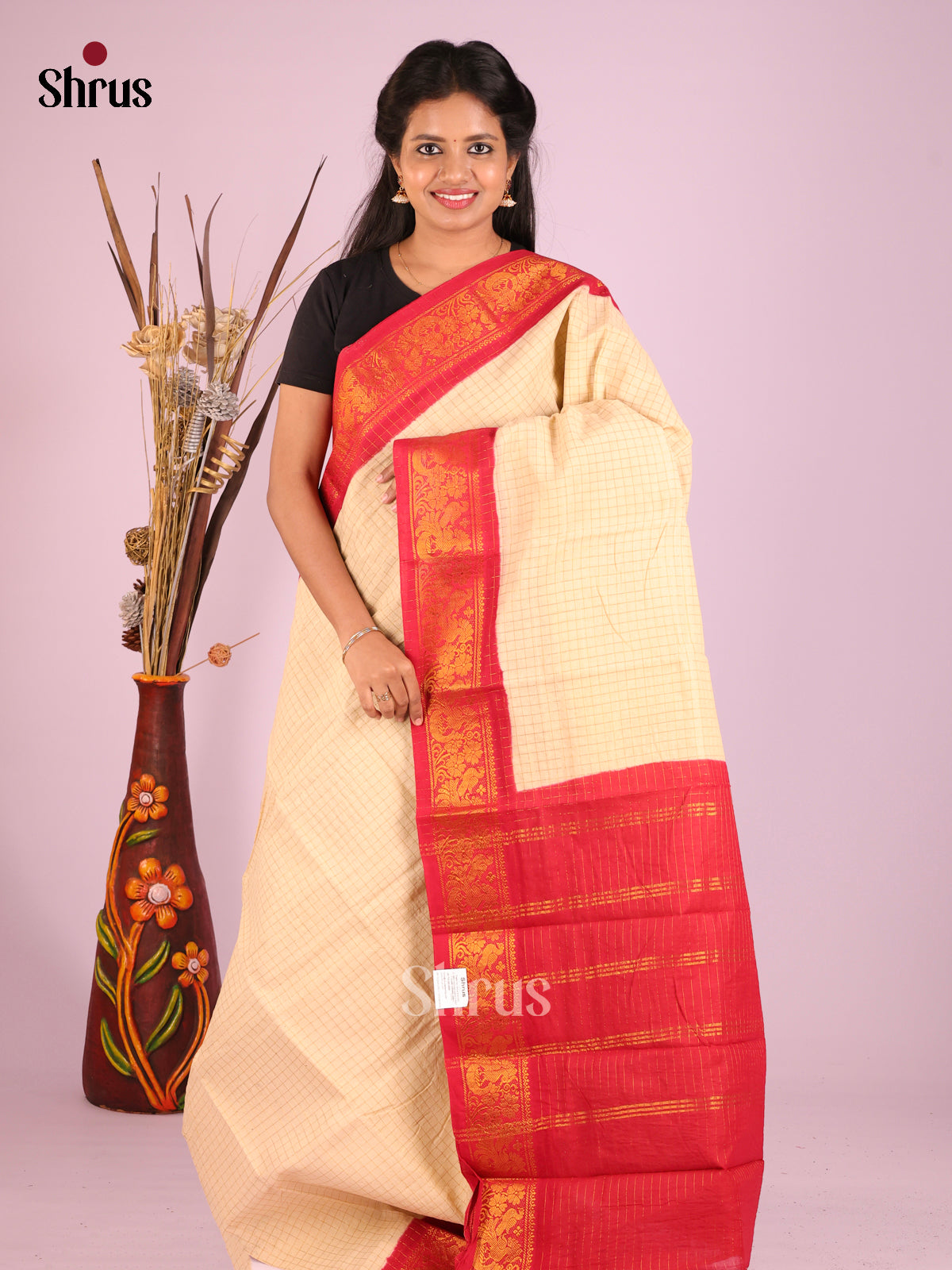 Cream & Red - Sungudi Cotton Saree