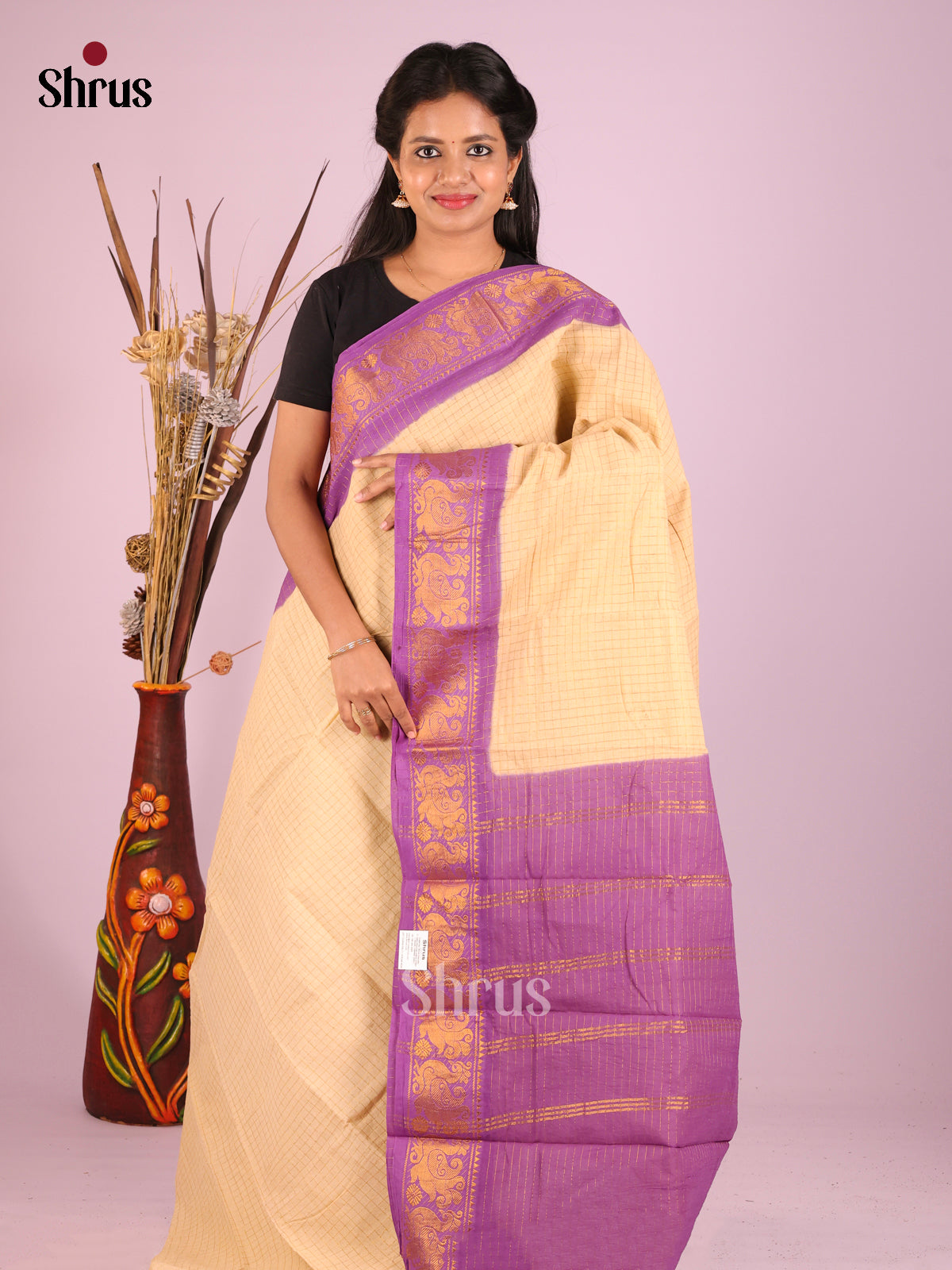 Cream & Lavender - Sungudi Cotton Saree