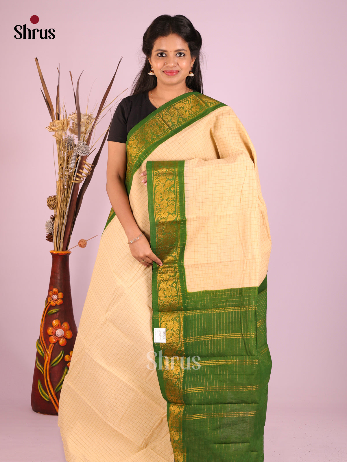 Cream & Green - Sungudi Cotton Saree
