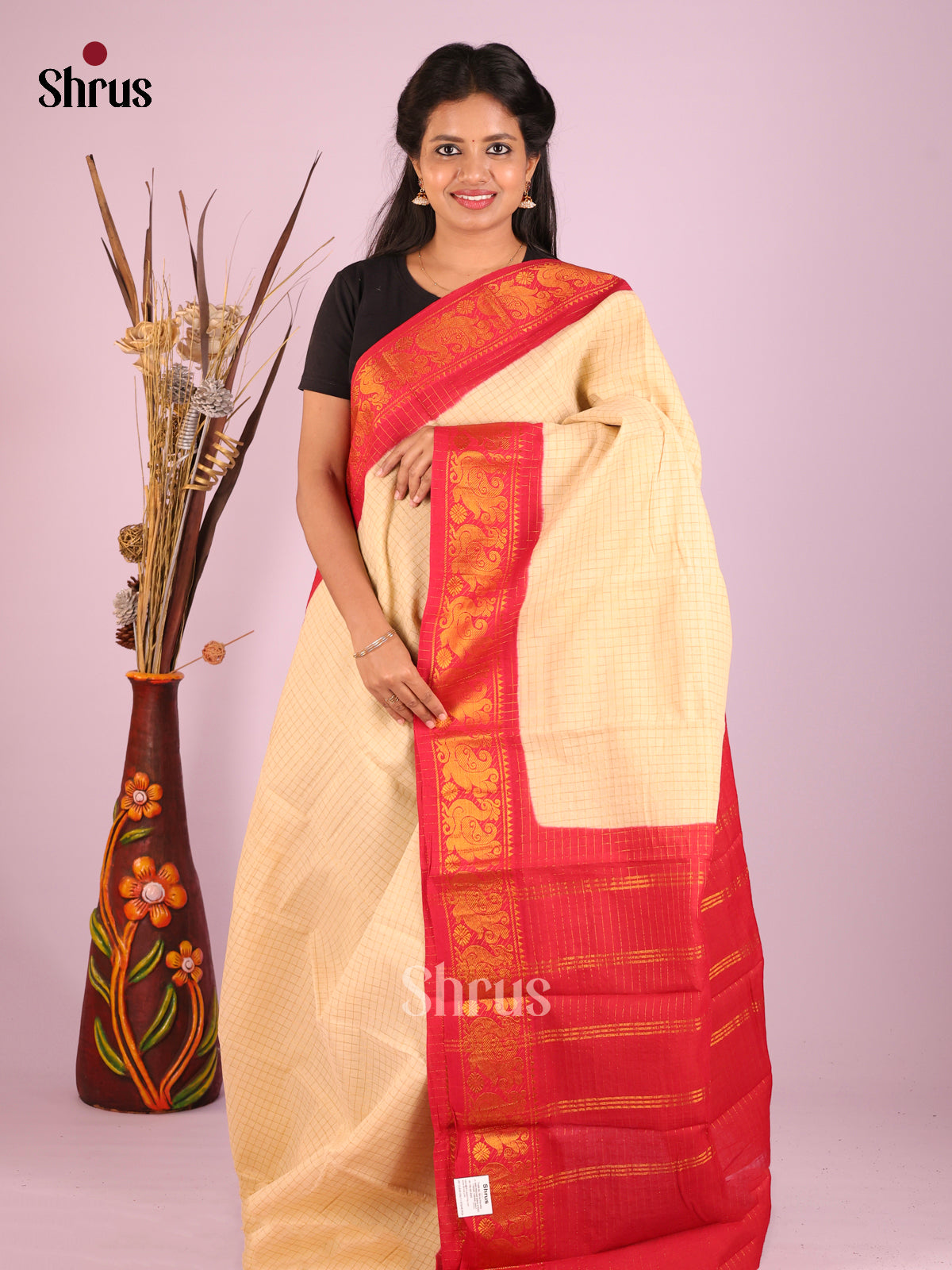 Cream & Red - Sungudi Cotton Saree