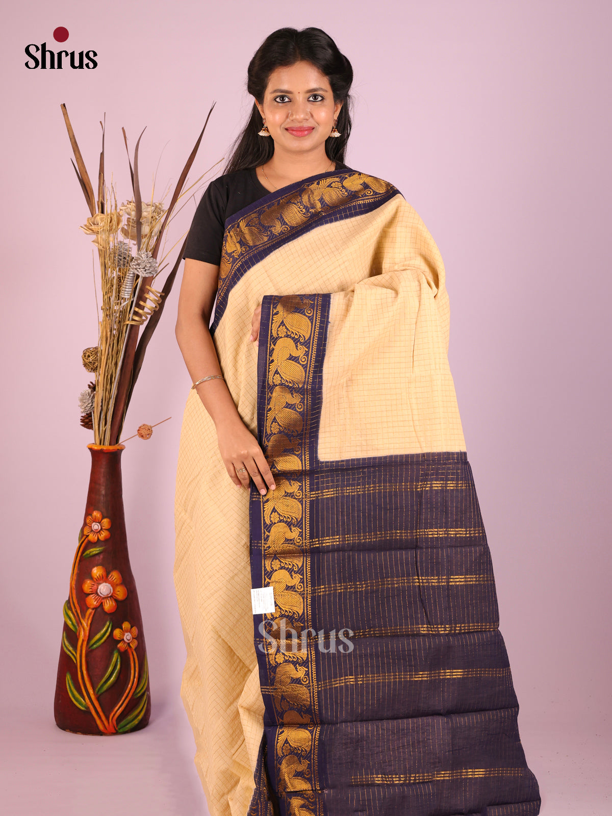 Cream & Blue - Sungudi Cotton Saree