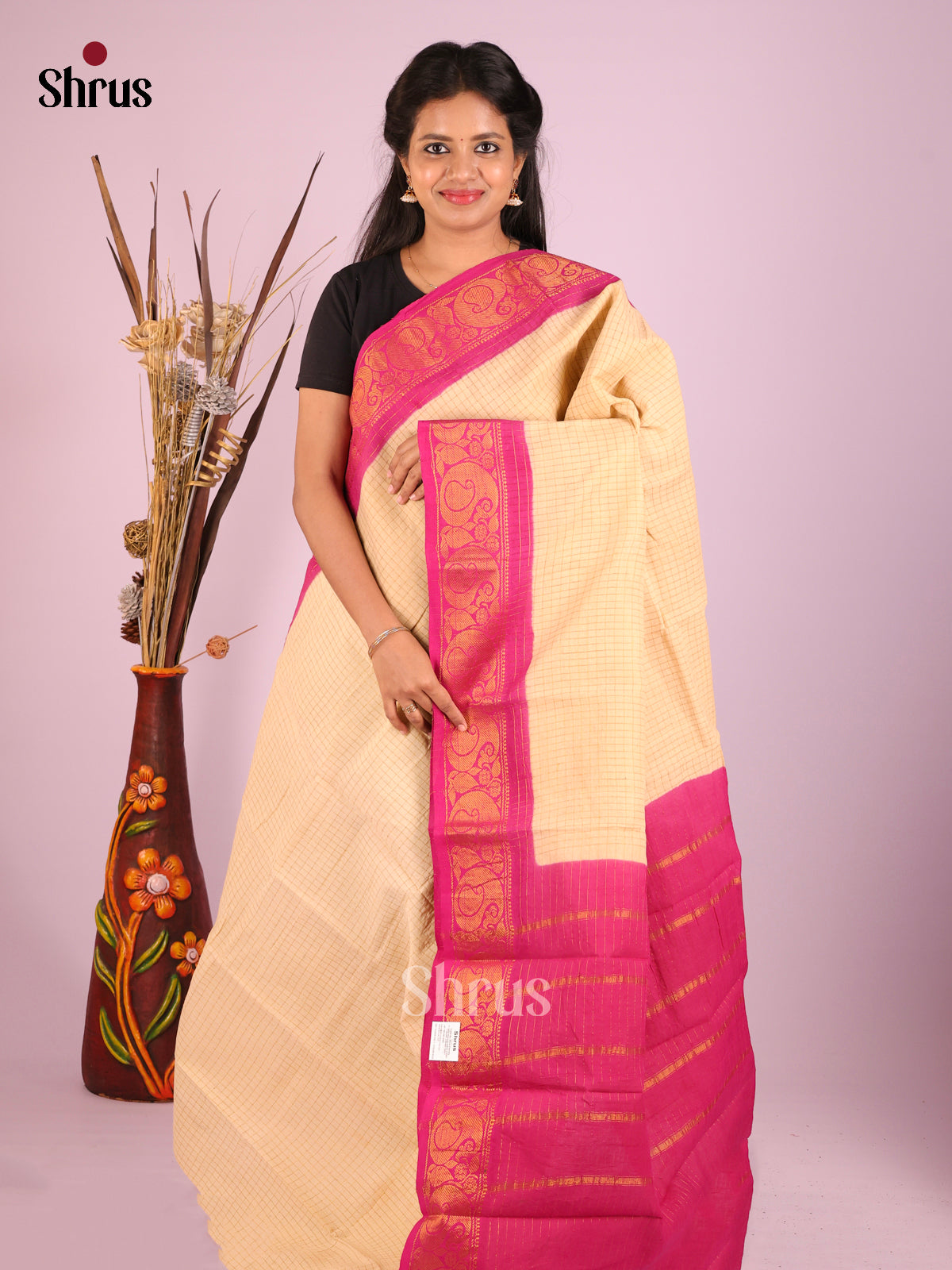 Cream & Pink - Sungudi Cotton Saree
