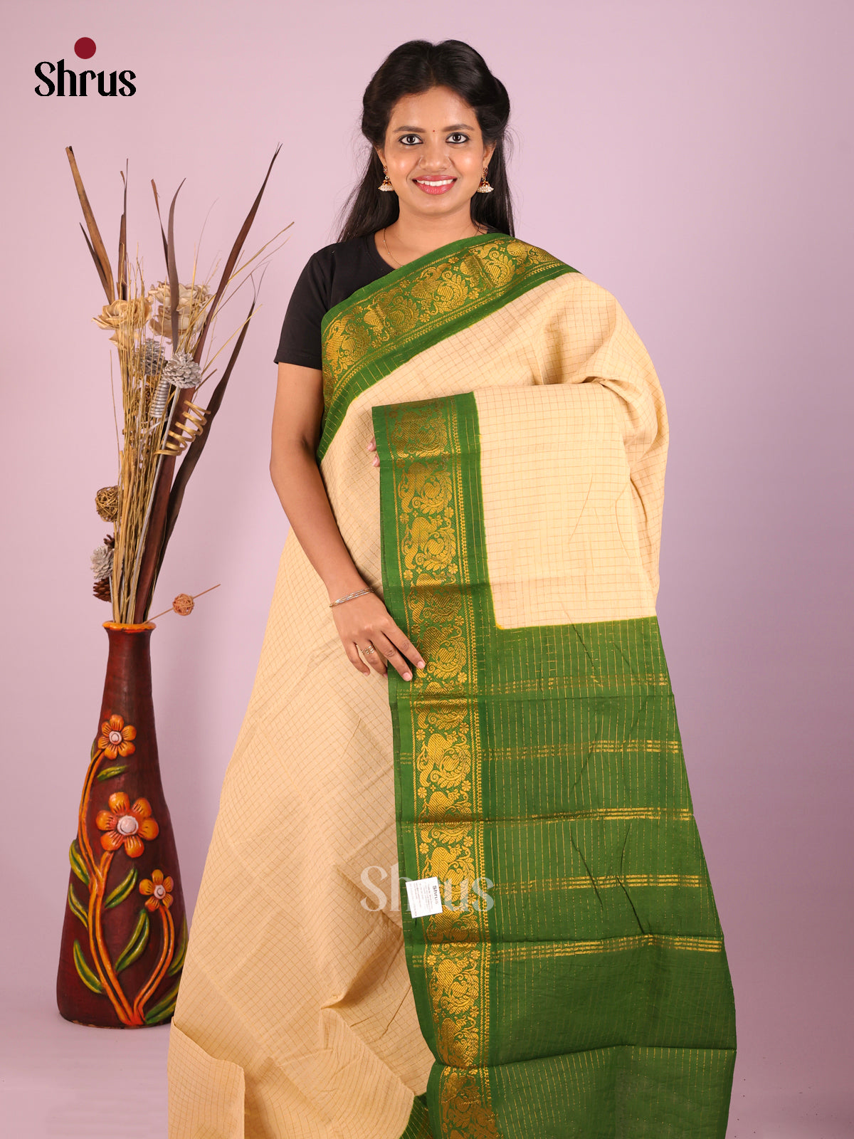 Cream & Green - Sungudi Cotton Saree