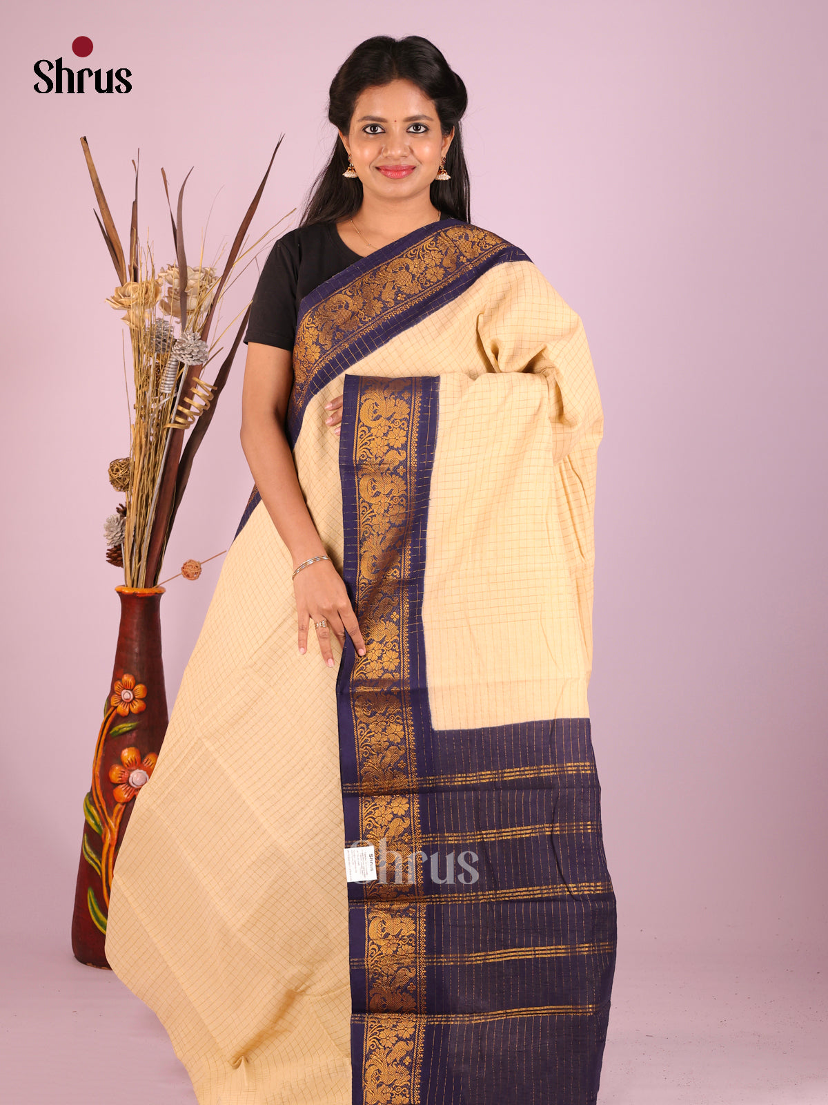 Cream & Blue - Sungudi Cotton Saree