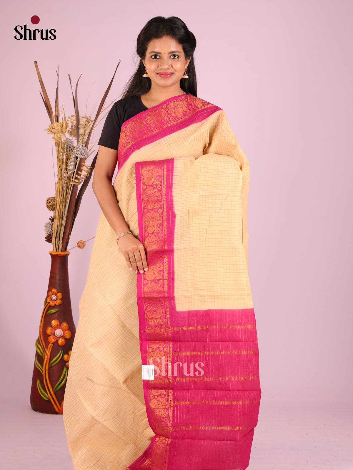 Cream & Pink - Sungudi Cotton Saree - Shop on Shrus.com