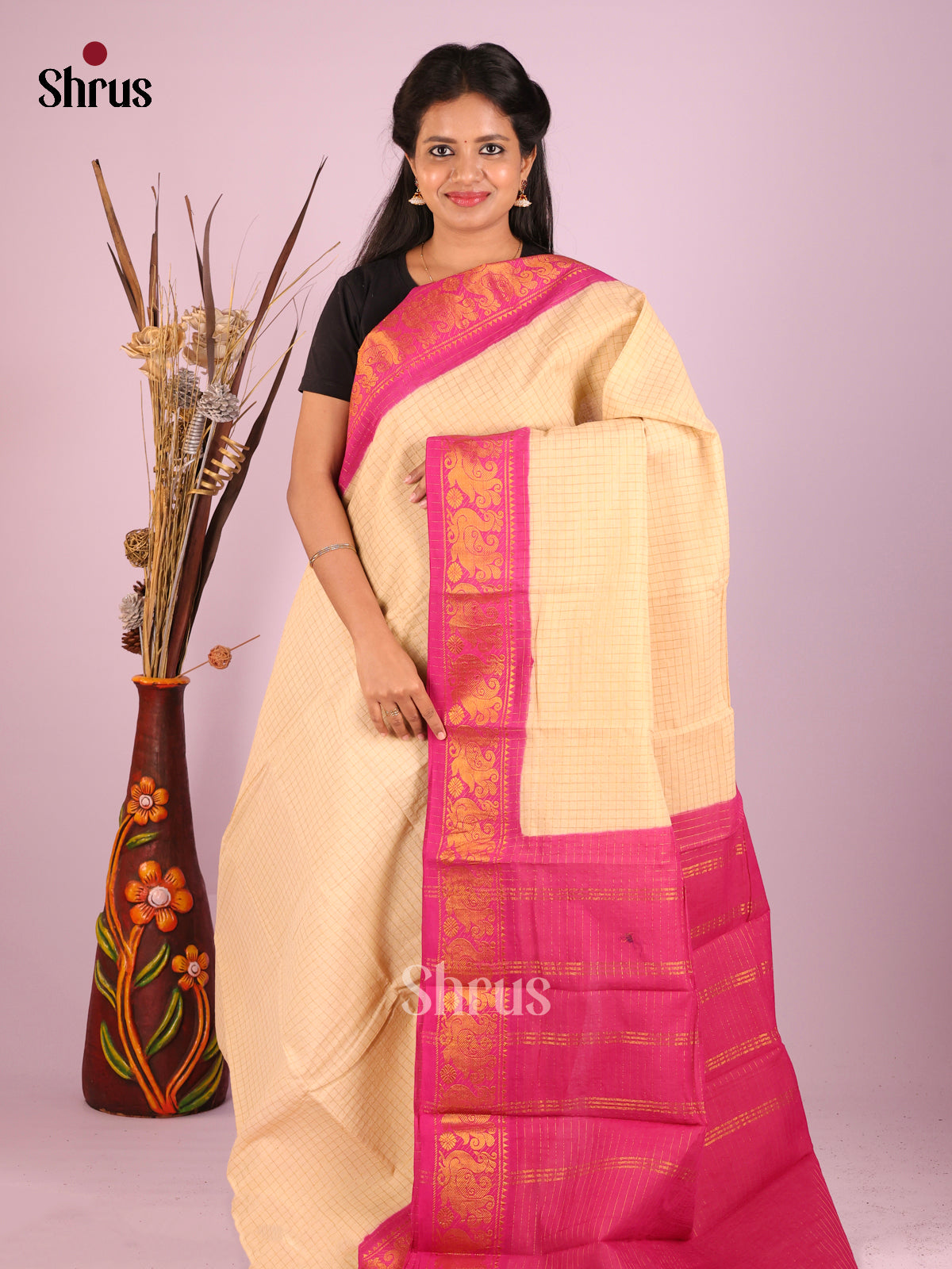 Cream & Pink - Sungudi Cotton Saree