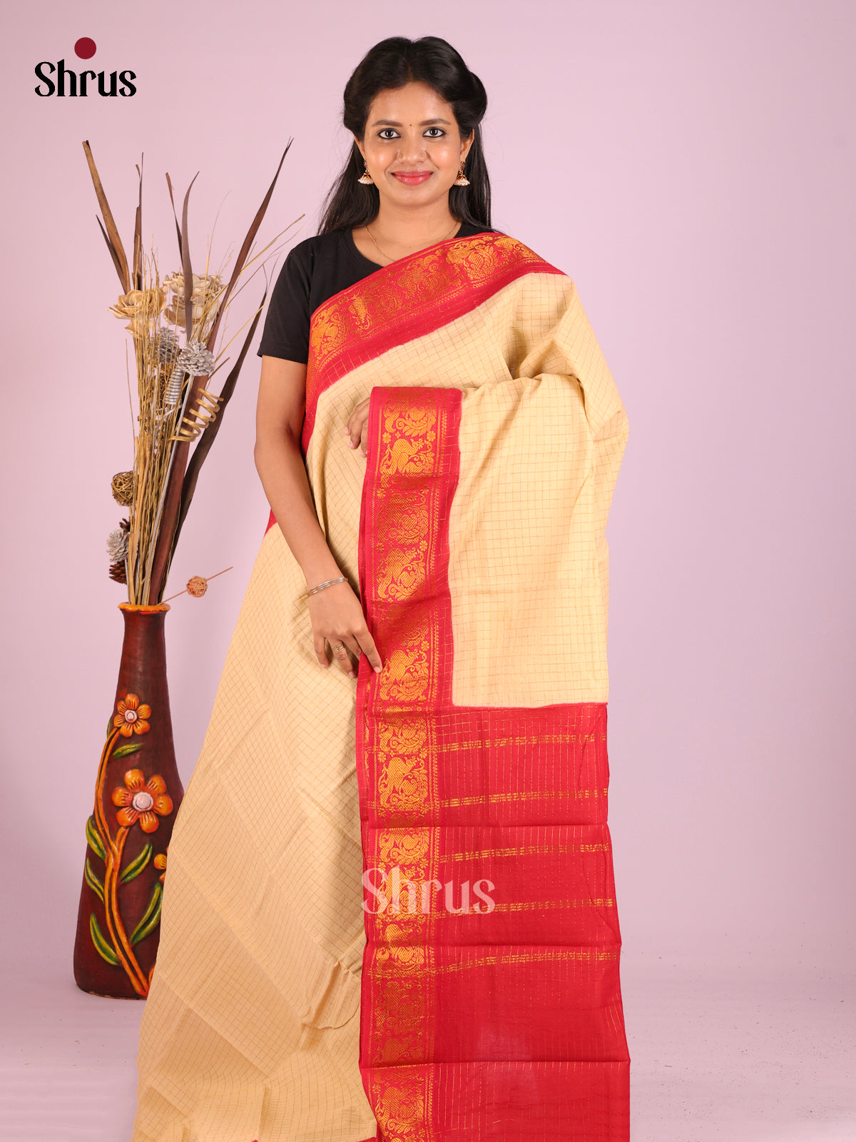 Cream & Red - Sungudi Cotton Saree
