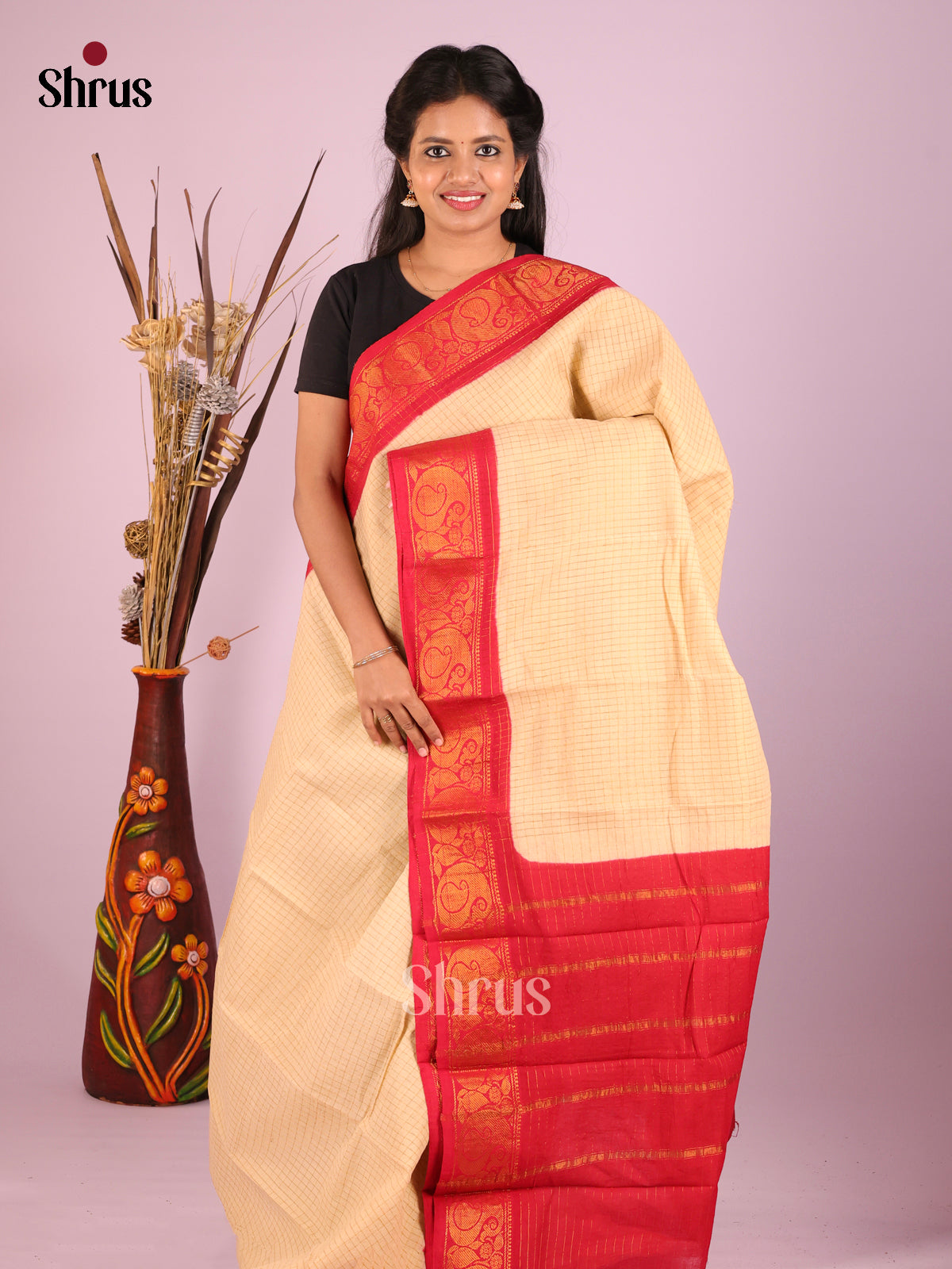 Cream & Red - Sungudi Cotton Saree