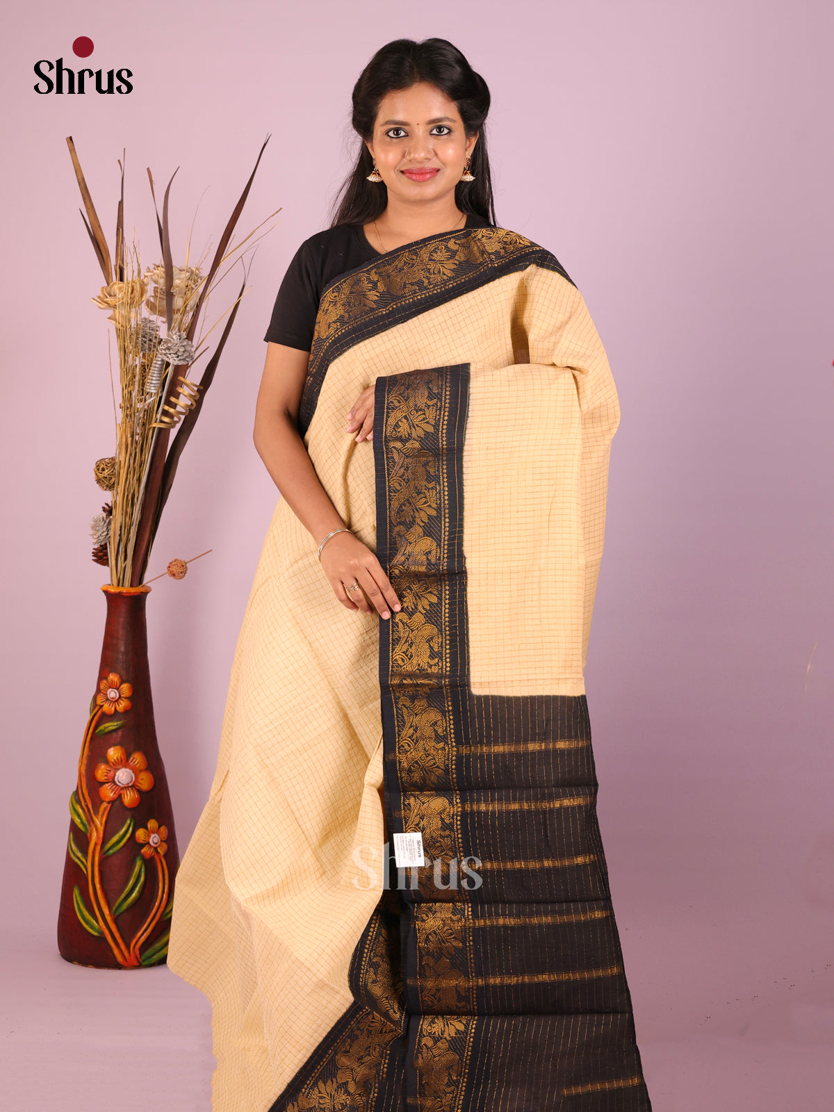 Cream & Black - Sungudi Cotton Saree