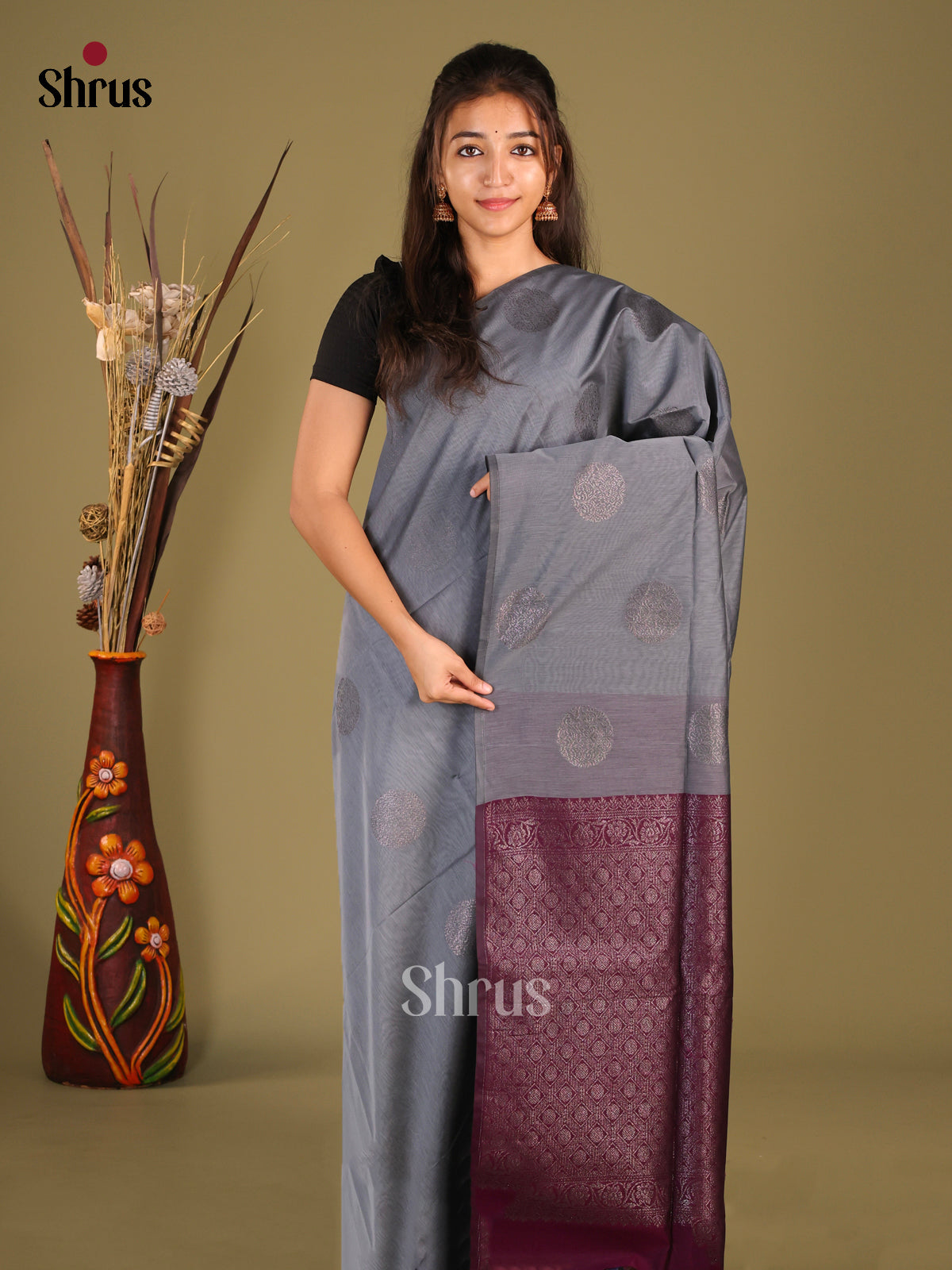 Grey & Wine - Semi Silkcotton Saree - Shop on Shrus.com