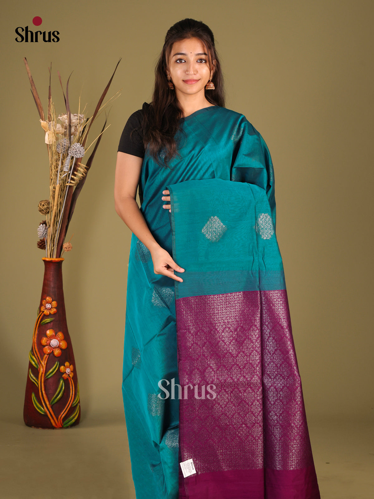 Peacock Blue & Purple - Semi Silkcotton Saree - Shop on Shrus.com