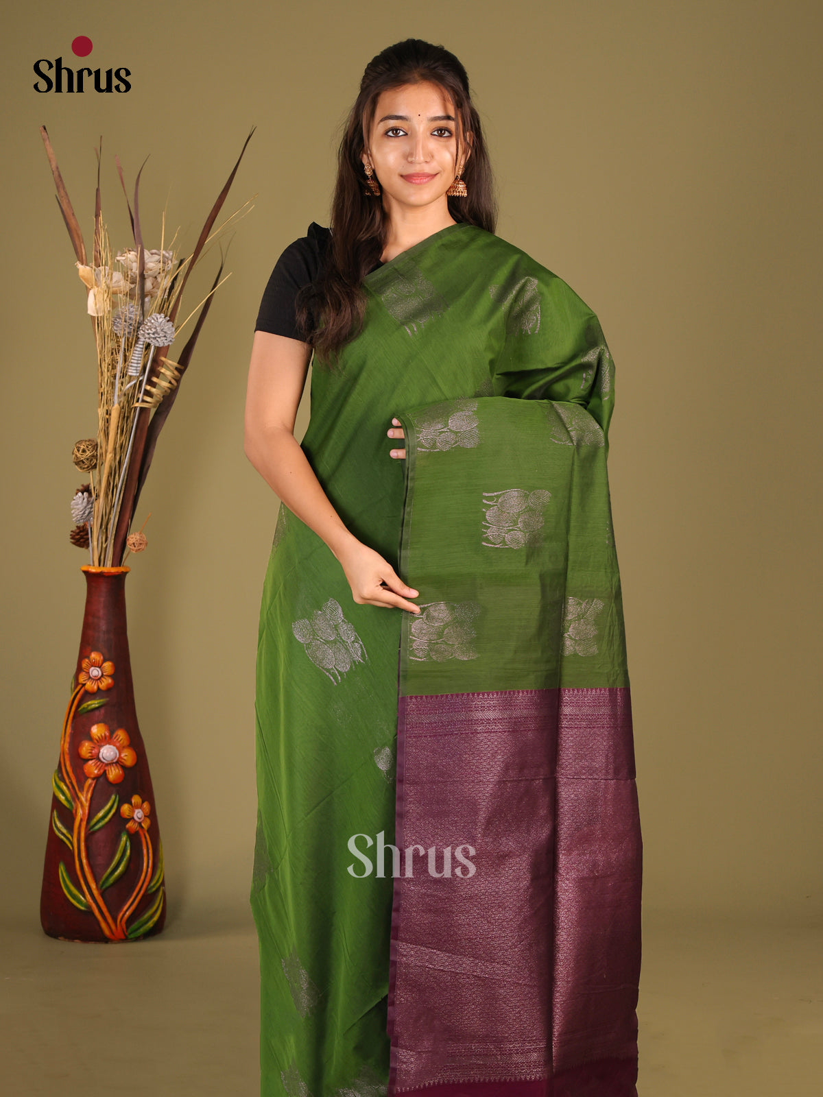 Green & Purple - Semi Silkcotton Saree - Shop on Shrus.com