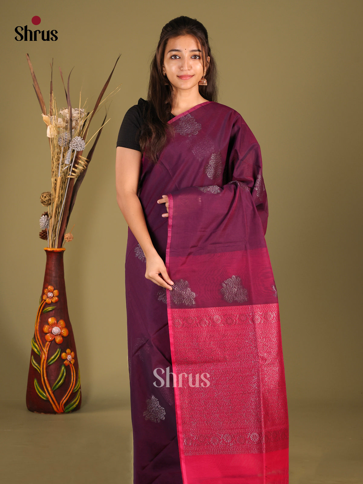 Maroon & Red - Semi Silkcotton Saree - Shop on Shrus.com