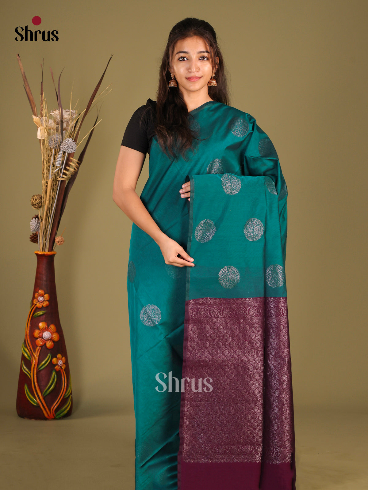 Peacock Green & Purple- Semi Silkcotton Saree - Shop on Shrus.com