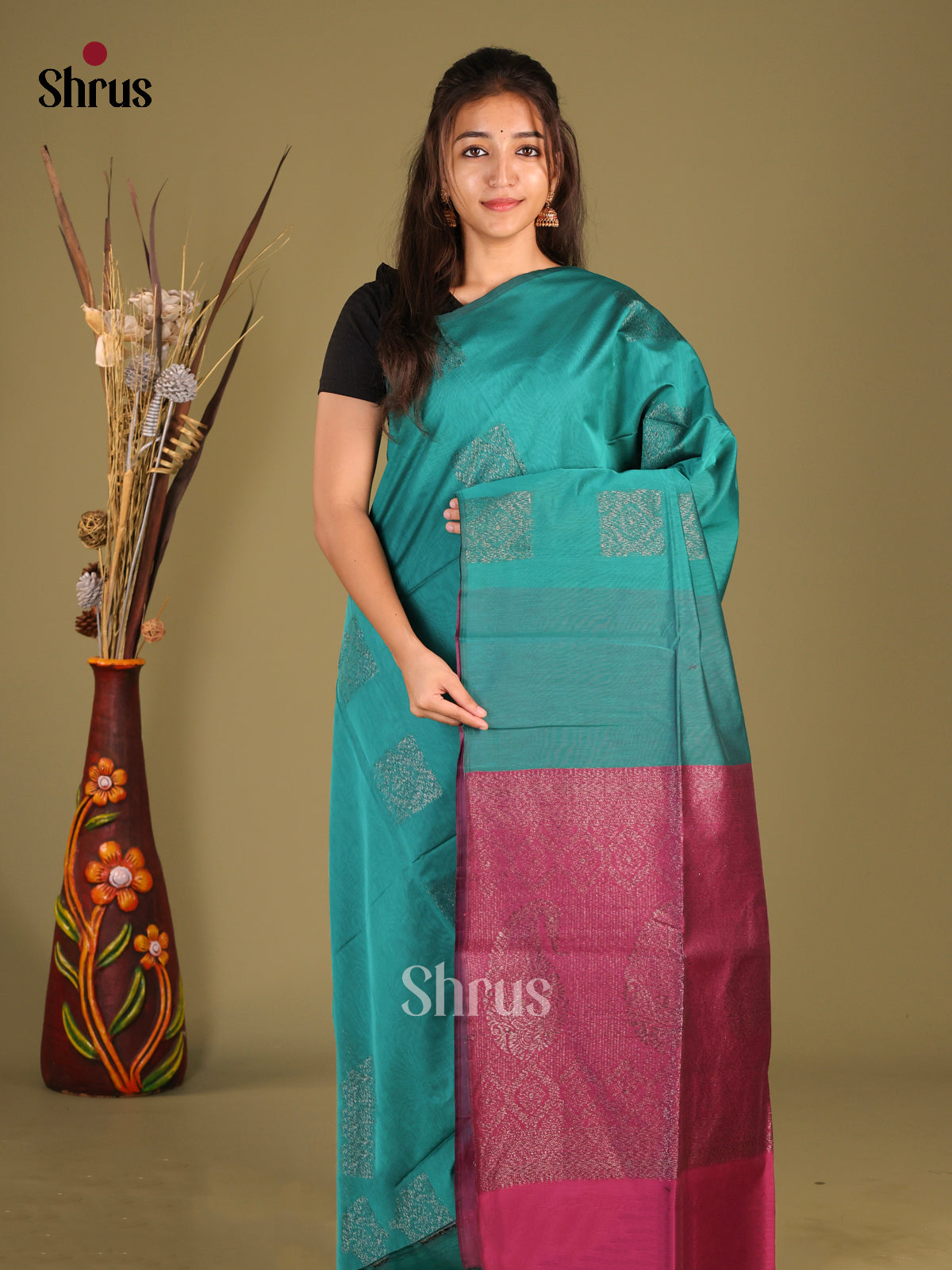 Green & Maroon - Semi Silkcotton Saree - Shop on Shrus.com