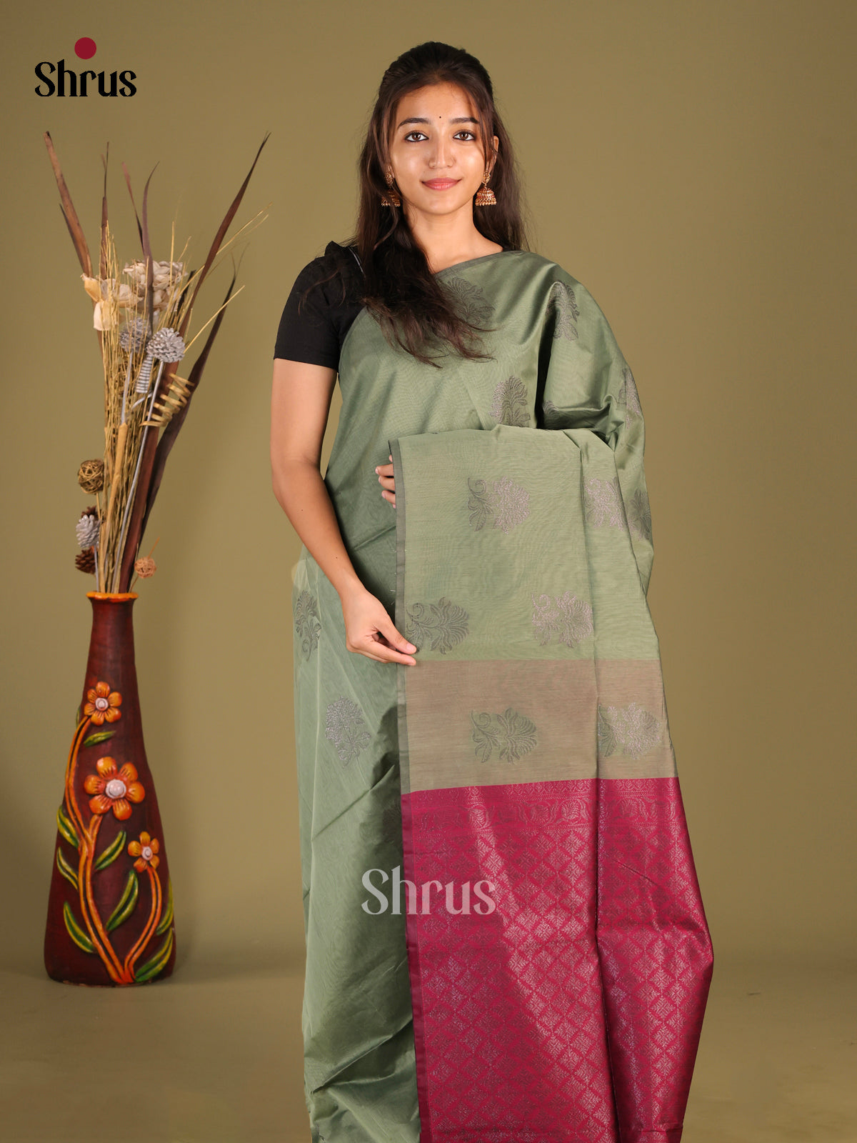 Grey Green & Maroon- Semi Silkcotton Saree - Shop on Shrus.com