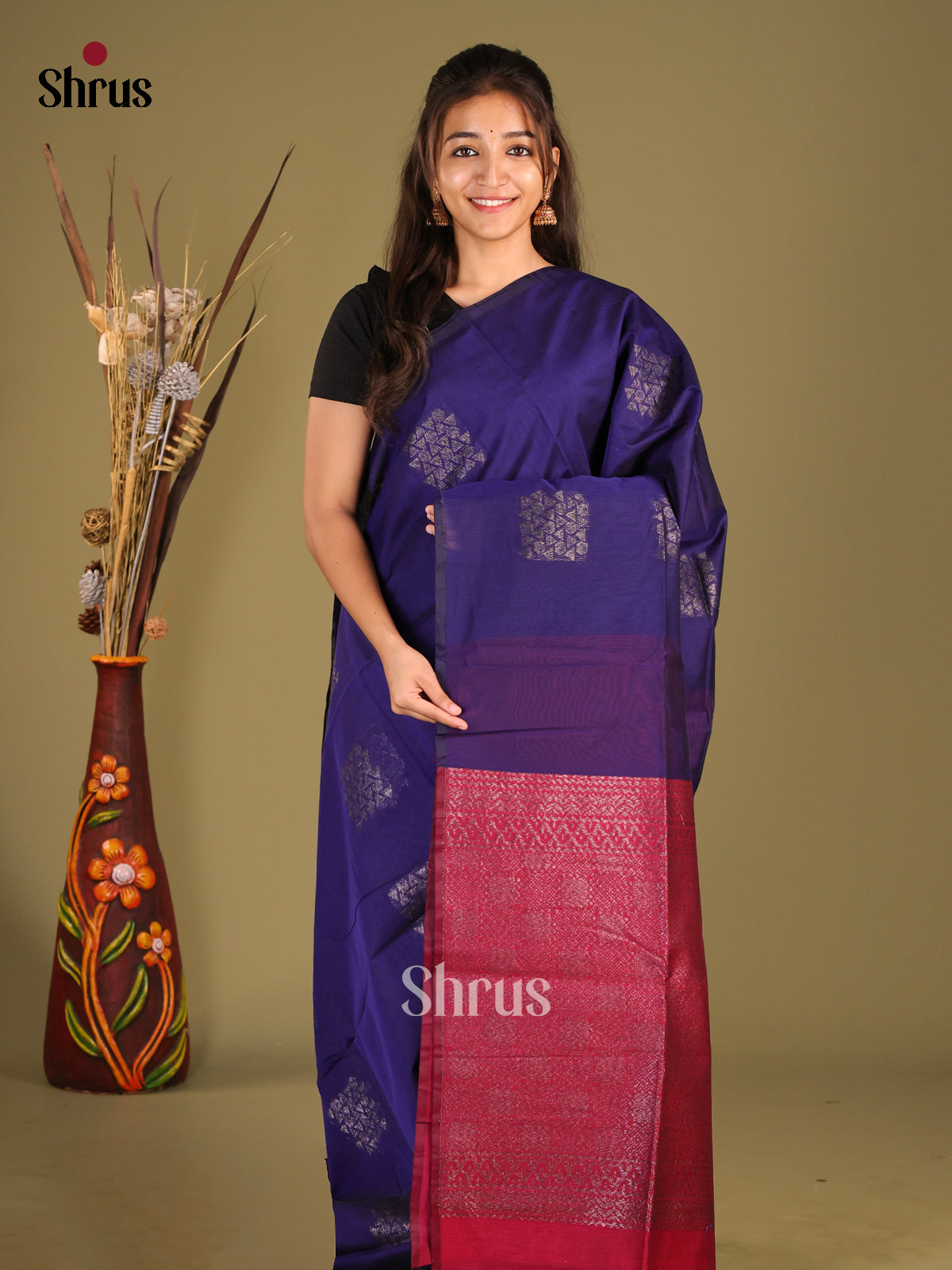 Blue & Maroon - Semi Silkcotton Saree