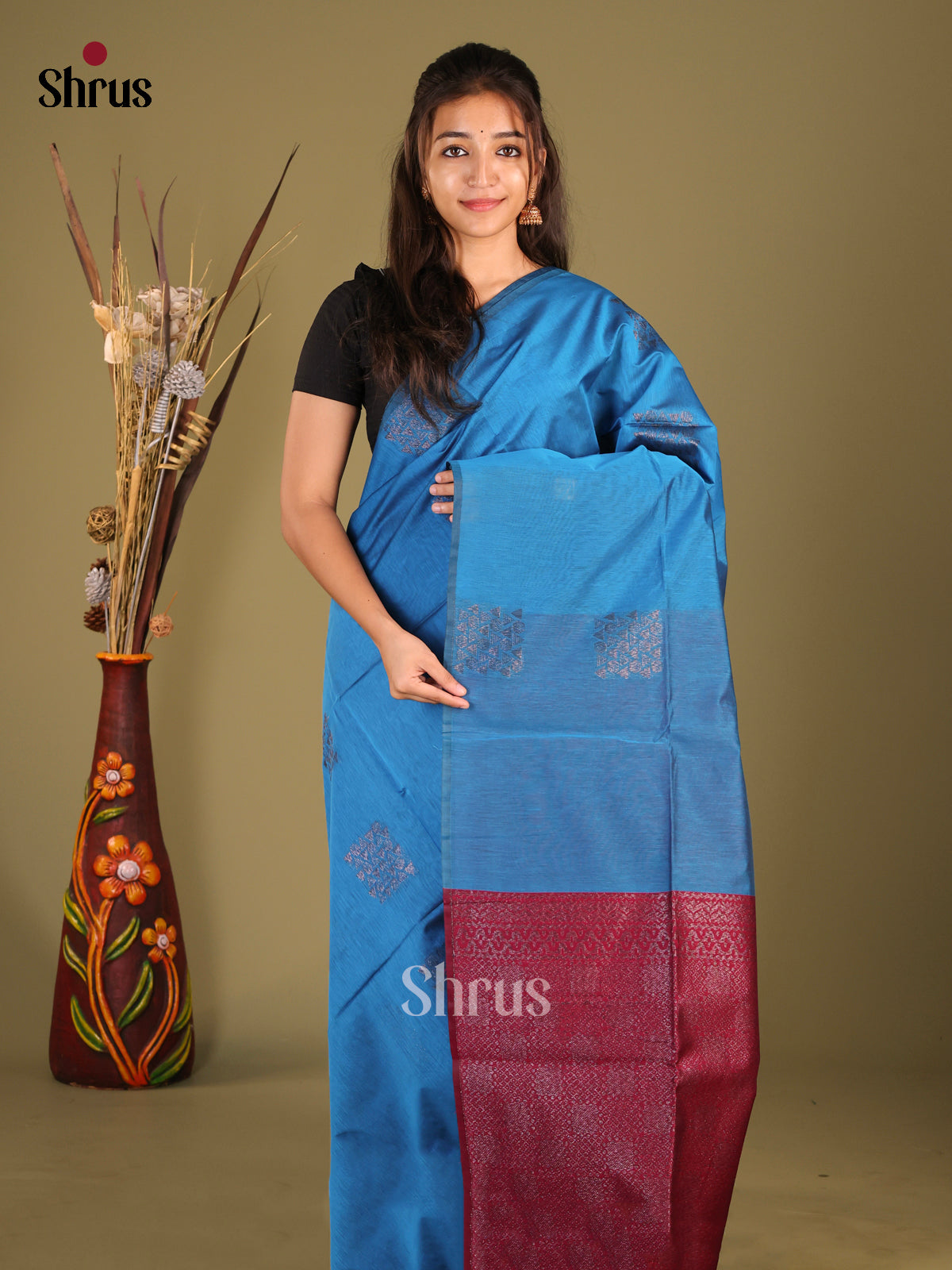 Blue & Maroon - Semi Silkcotton Saree