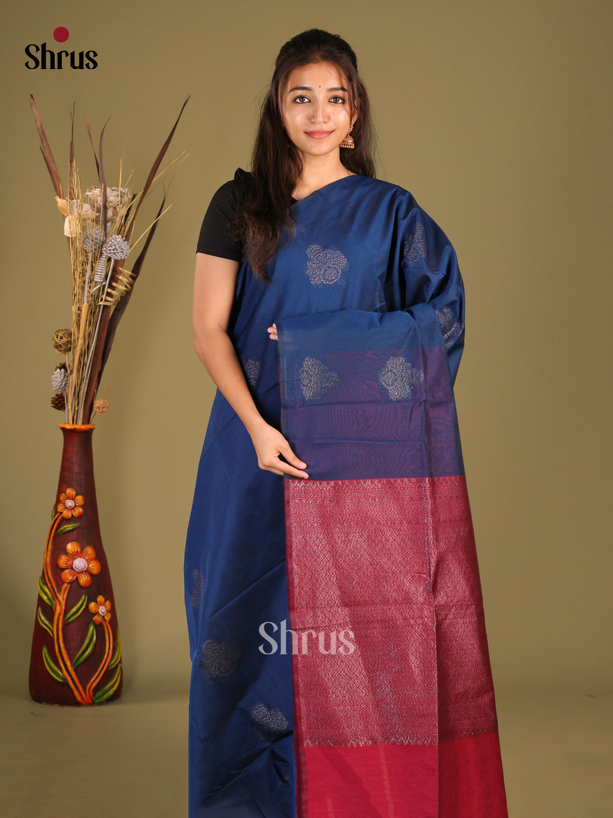 Blue & Maroon - Semi Silkcotton Saree