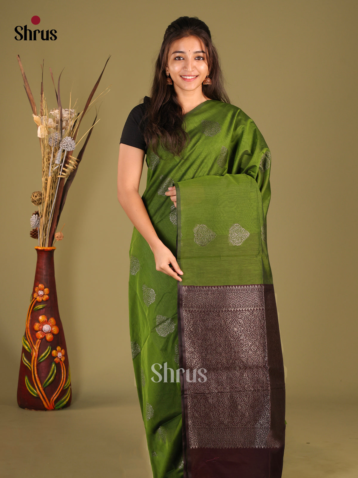 Green & Maroon - Semi Silkcotton Saree - Shop on Shrus.com