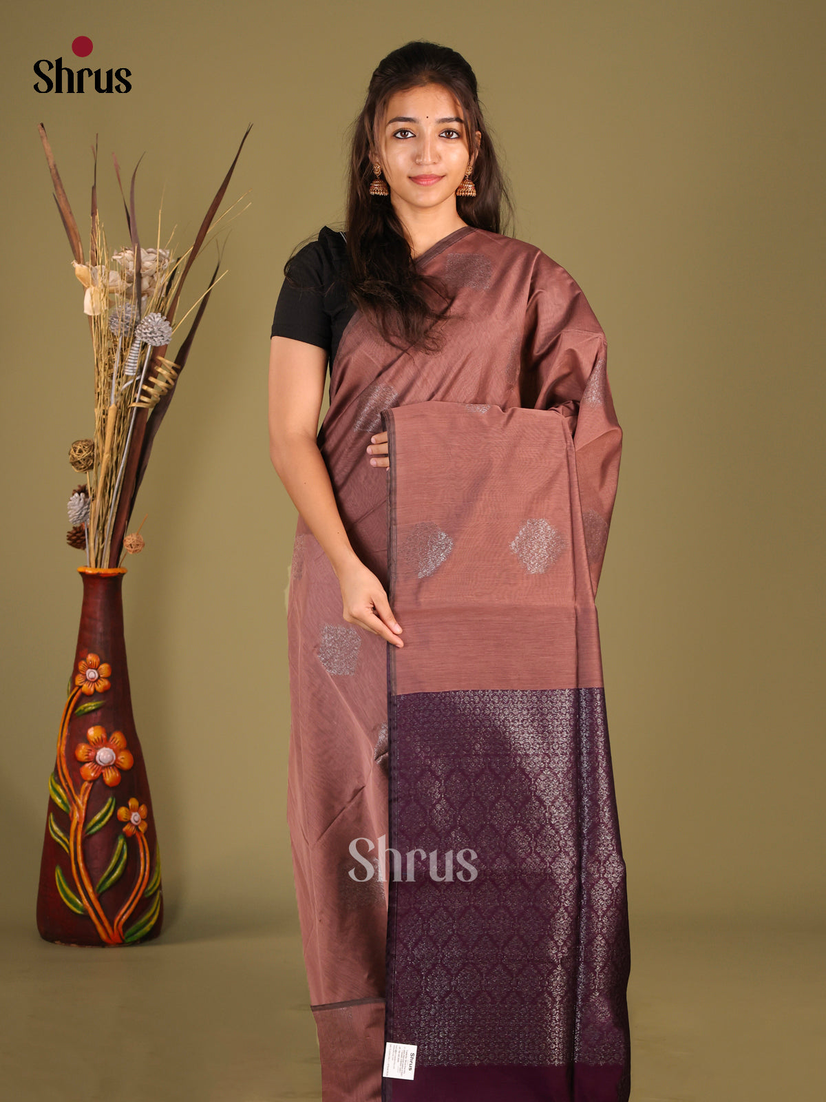 Brown & Purple - Semi Silkcotton Saree