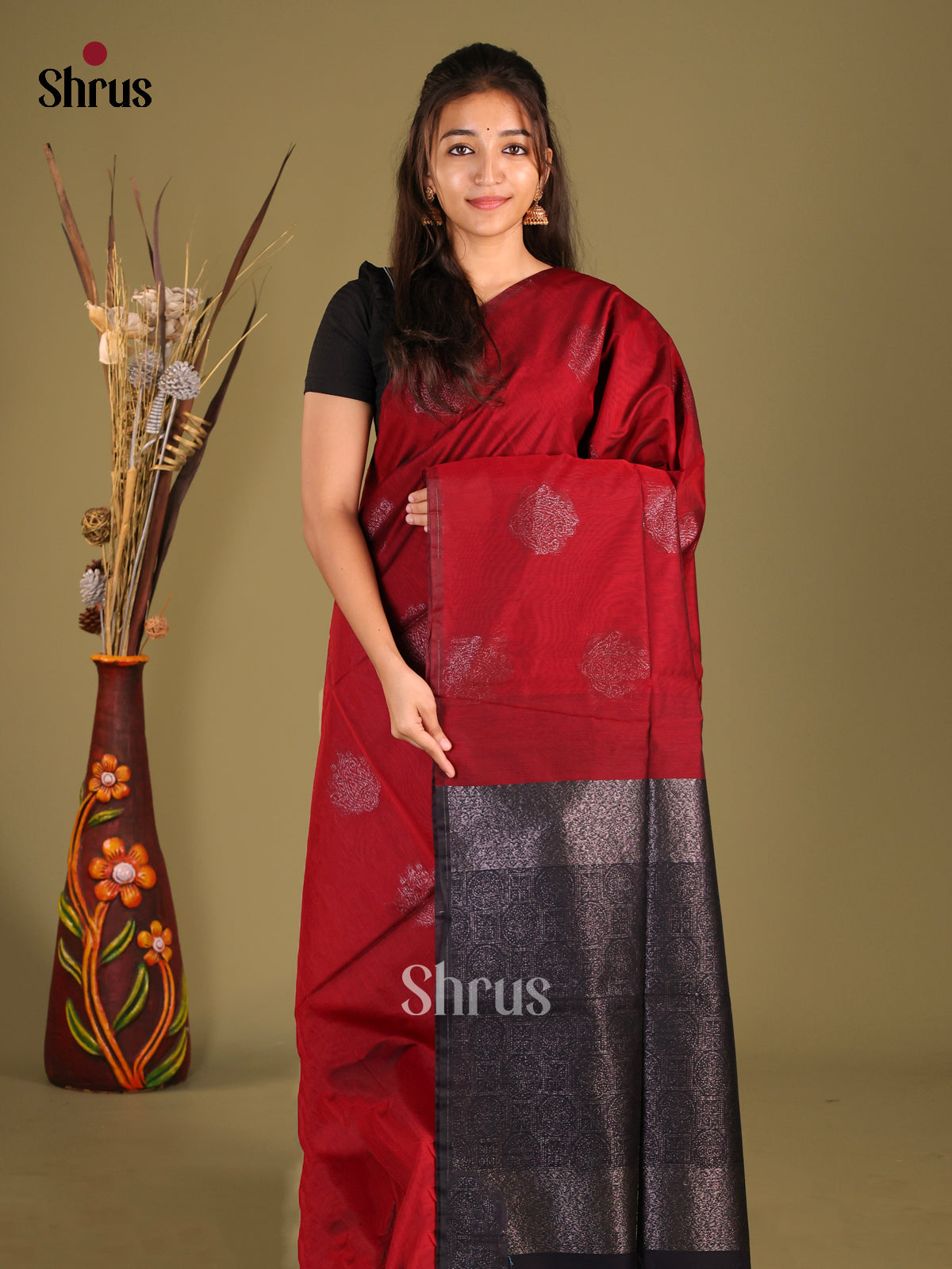 Maroon & Blue - Semi Silkcotton Saree - Shop on Shrus.com